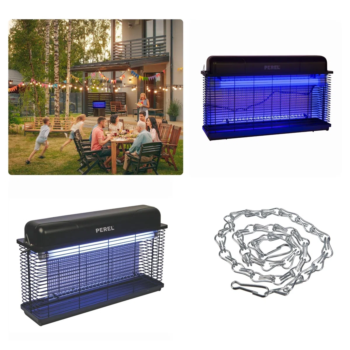Perel Elektrischer LED UV Insektenvernichter, 3000V Hochspannungsgitter, IPX4 spritzwassergeschützt, abnehmbare Auffangschale, 100 m² Abdeckung, leistungsstark für Innen und Außen