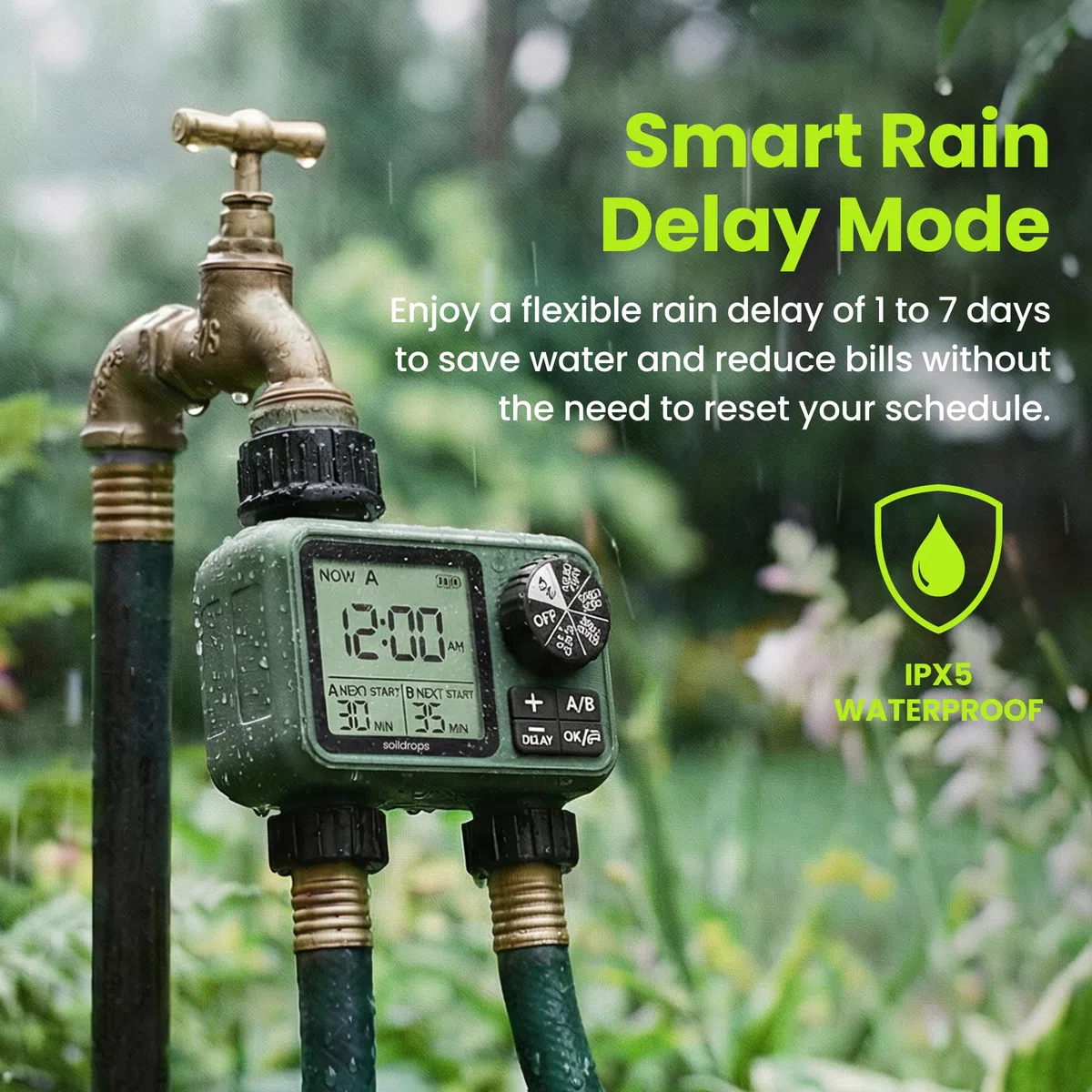 Sprinkler-Timer für Gartenschlauch, programmierbarer 1 oder 2 Auslassregler mit selbstreinigendem Ventil, 15-Tage-Frequenz, großes Zifferblatt, Regenverzögerung & Auto-Off, IPX5
