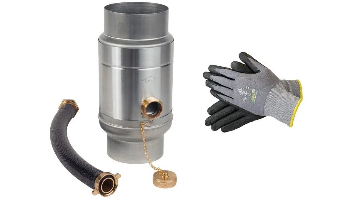 Sanitärshop Baustoffe & Sanitär Zink Regenwassersammler mit Schlauchanschluss für das Fallrohr, Titanzink 85% Wasser-Ertrag, Wassersammler für Regentonnen - gratis Handschuhe Gr. 10 (80mm)