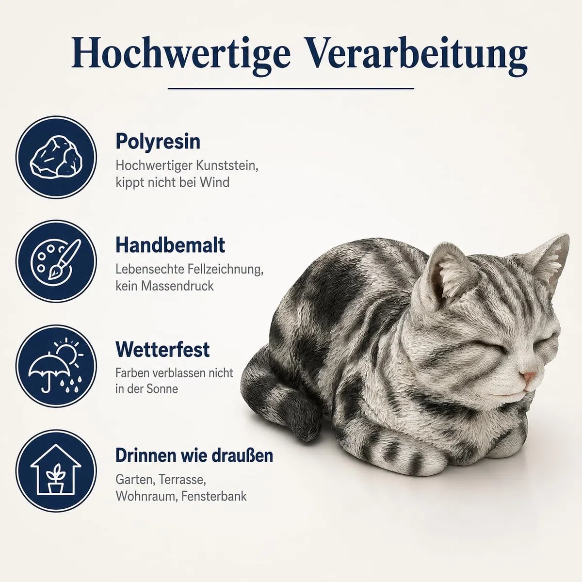 Figuren Shop GmbH Katzenfigur schlafend 34 cm – liegende Tigerkatze grau getigert aus Polyresin, handbemalt und wetterfest – Tierfigur für Garten, Beet, Terrasse und Wohnzimmer