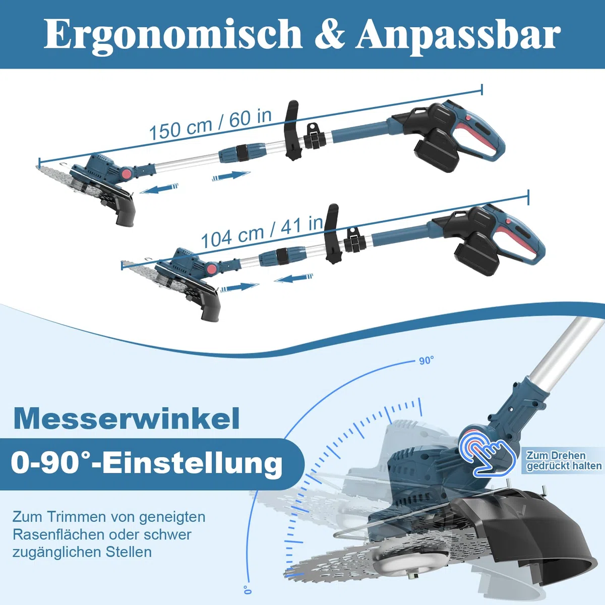 Rasentrimmer mit Akku, Akku Rasentrimmer für Makita-Akkus mit 5 Klingentypen und 2X4.0Ah Akku, 21V Bürstenlose Rasentrimmer mit Unkrautbürste, 5 in 1 Akku Freischneider für Garden Trimmen, Blau