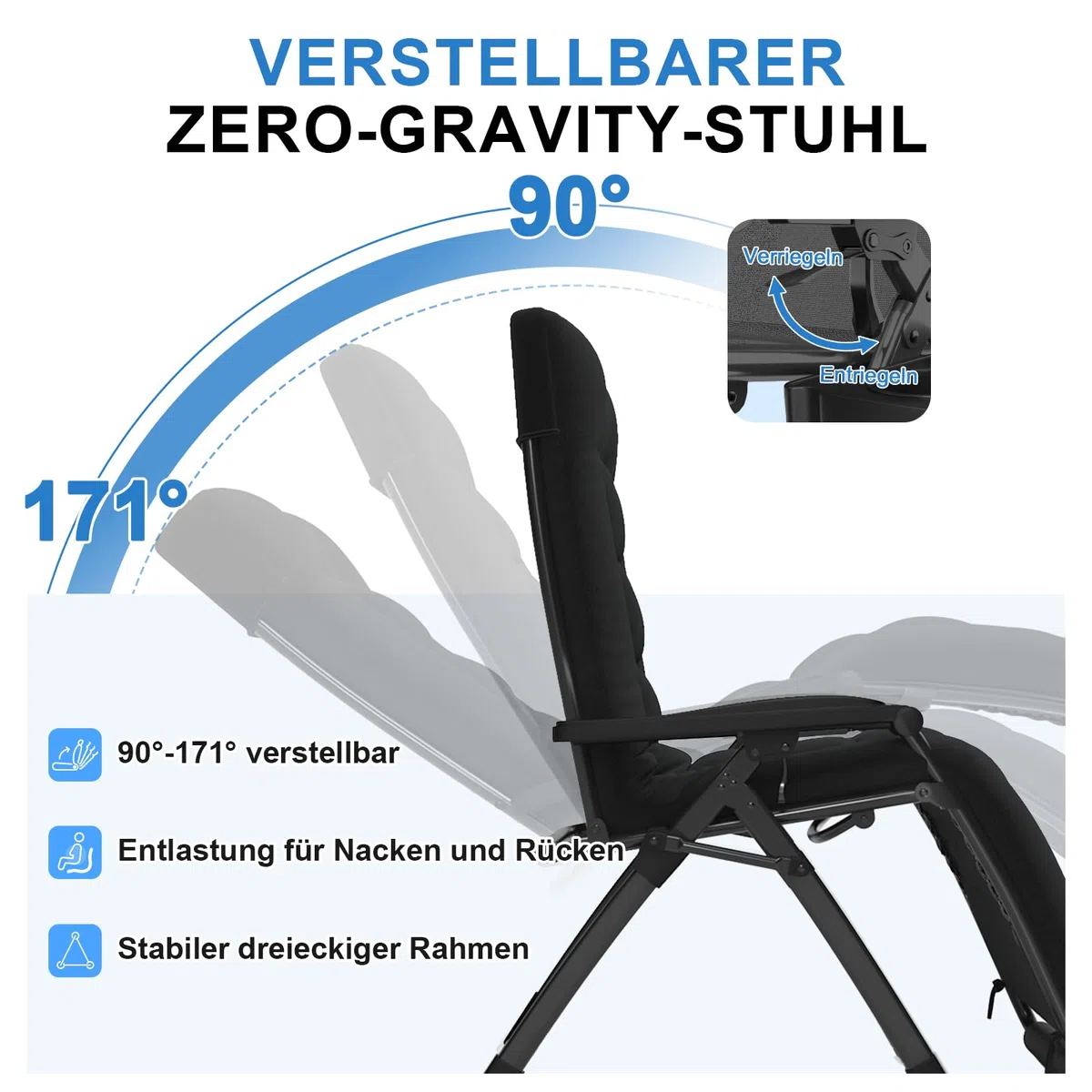 Liegestuhl klappbar, Deckchair,Gartenliege wetterfest,Outdoor Relaxsessel mit Liegefunktion,Verstellbare Rückenlehne, Nackenkissen,200 kg,Sonnenliege klappbar für Balkon,Strand,Pool (Schwarz,72 cm)