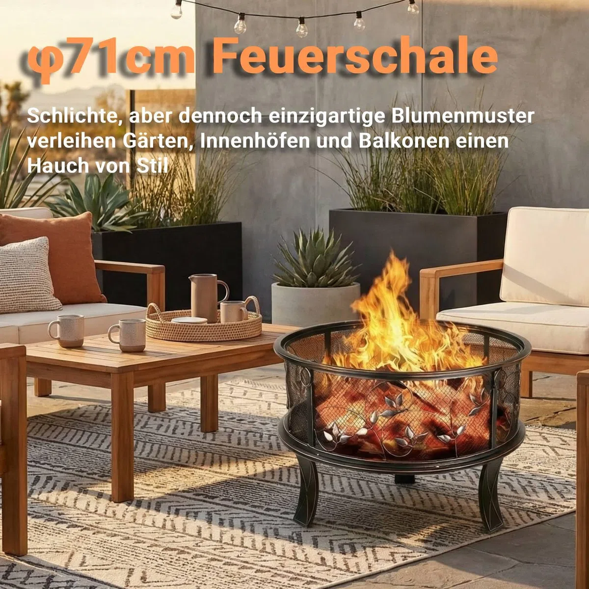 TLGREEN Feuerschalen, Feuerschale mit Funkenschutz, Feuerkorb Ø71x65cm | Feuerkorb Retro-Look mit Poker & Kohlerost & 4PCS Füße, Feuerstelle für Garten, Camping, Strand, Exquisites Blumen Grasmuster