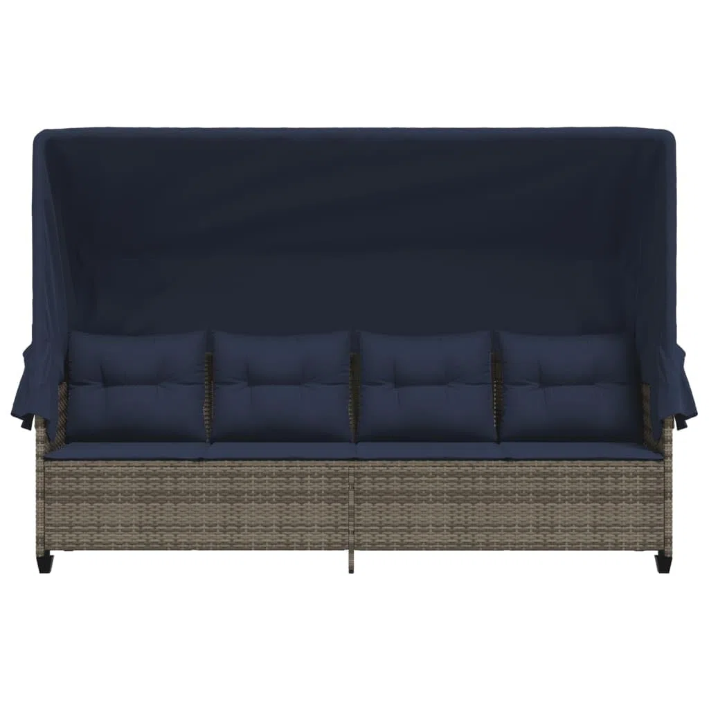 Sonnenliege mit Dach und Kissen Grau Poly Rattan, relaxliege wetterfest gepolstert, verstellbar für Garten Balkon Terrasse Pool, ergonomisch mit armlehne und UV Schutz