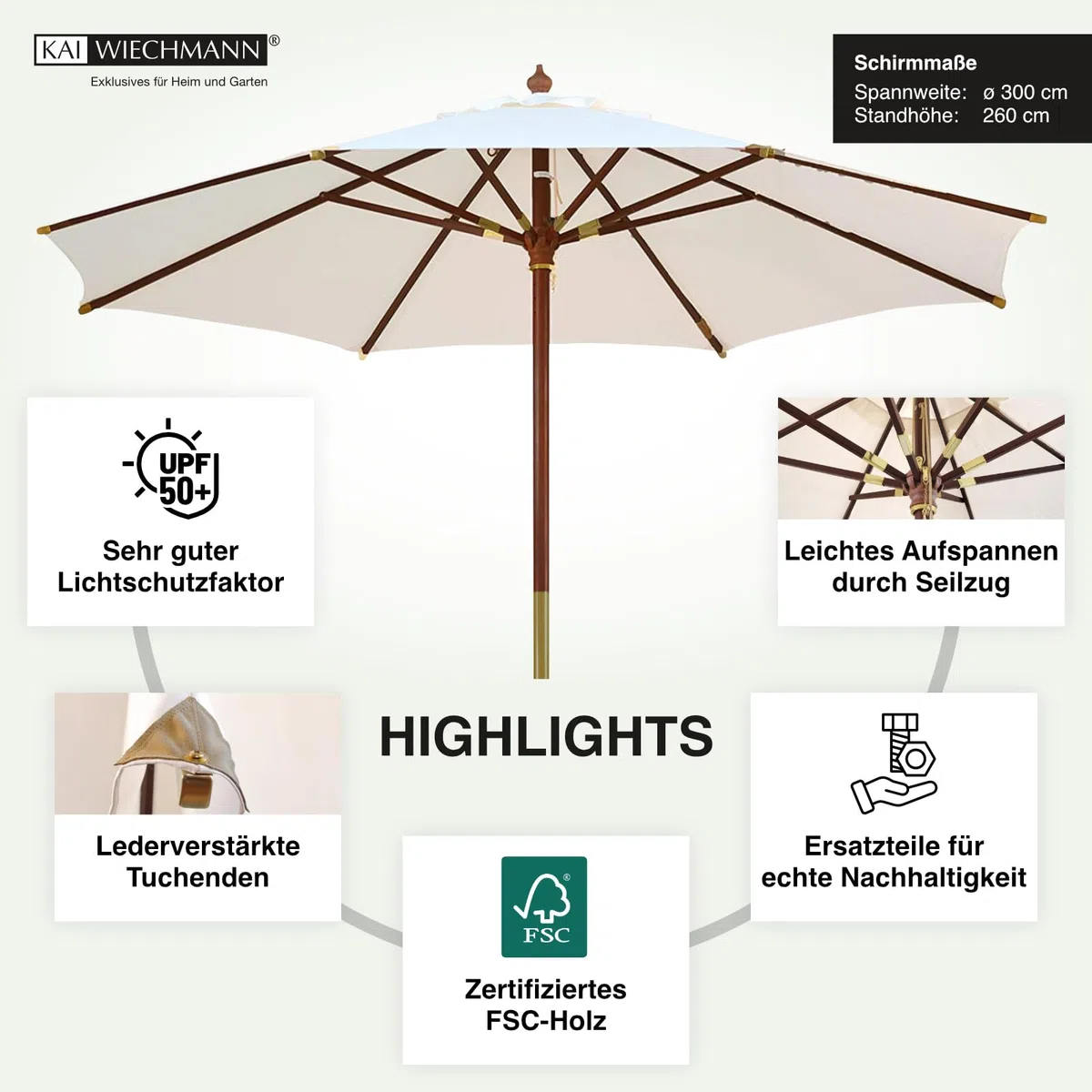 Kai Wiechmann Sonnenschirm 300 cm edel Windauslass UV-Schutz 50+