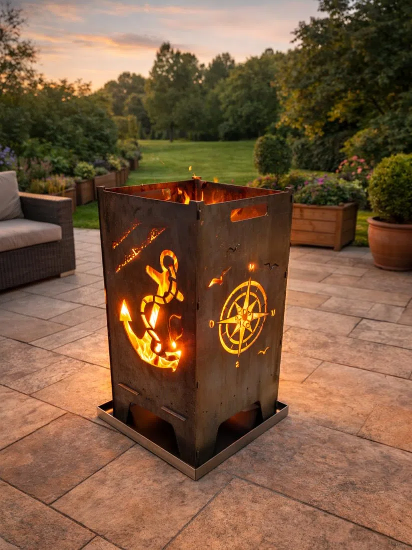 Lehnert Feuertonne Anker 74 cm aus 3 mm Stahlblech Feuerkorb Feuerschale Feuerstelle mit Anker und Kompass, große Massive und Feuerfeste Feuerstelle für Garten und Terrasse