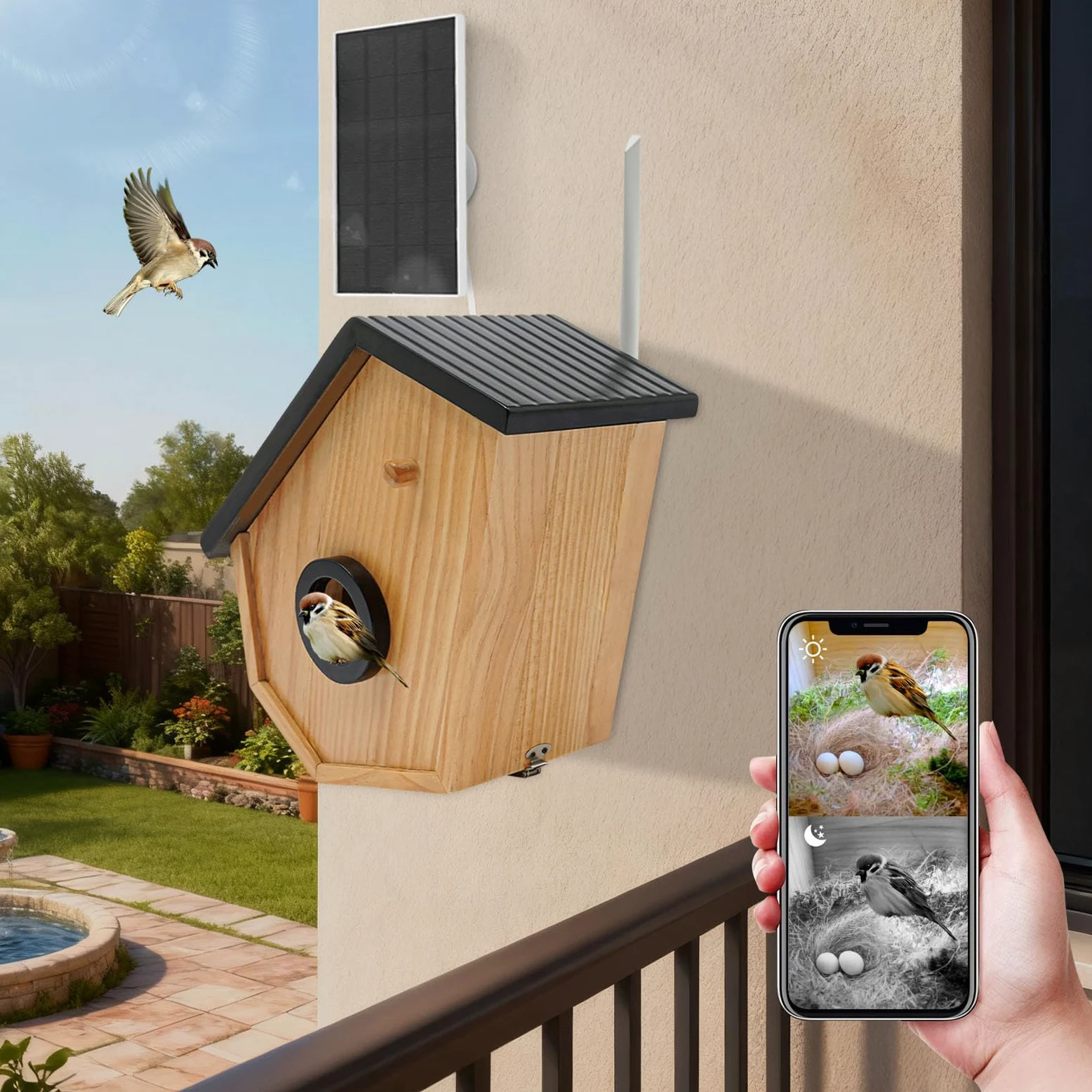 Kiefernholz Vogelhaus mit Kamera,Solarbetrieb,Bird Feeder Camera,KI-Vogelerkennung,Nachtsicht (Farbe/Infrarot),HD-Überwachung,für Volieren,Bauernhöfe,Gärten, Balkone