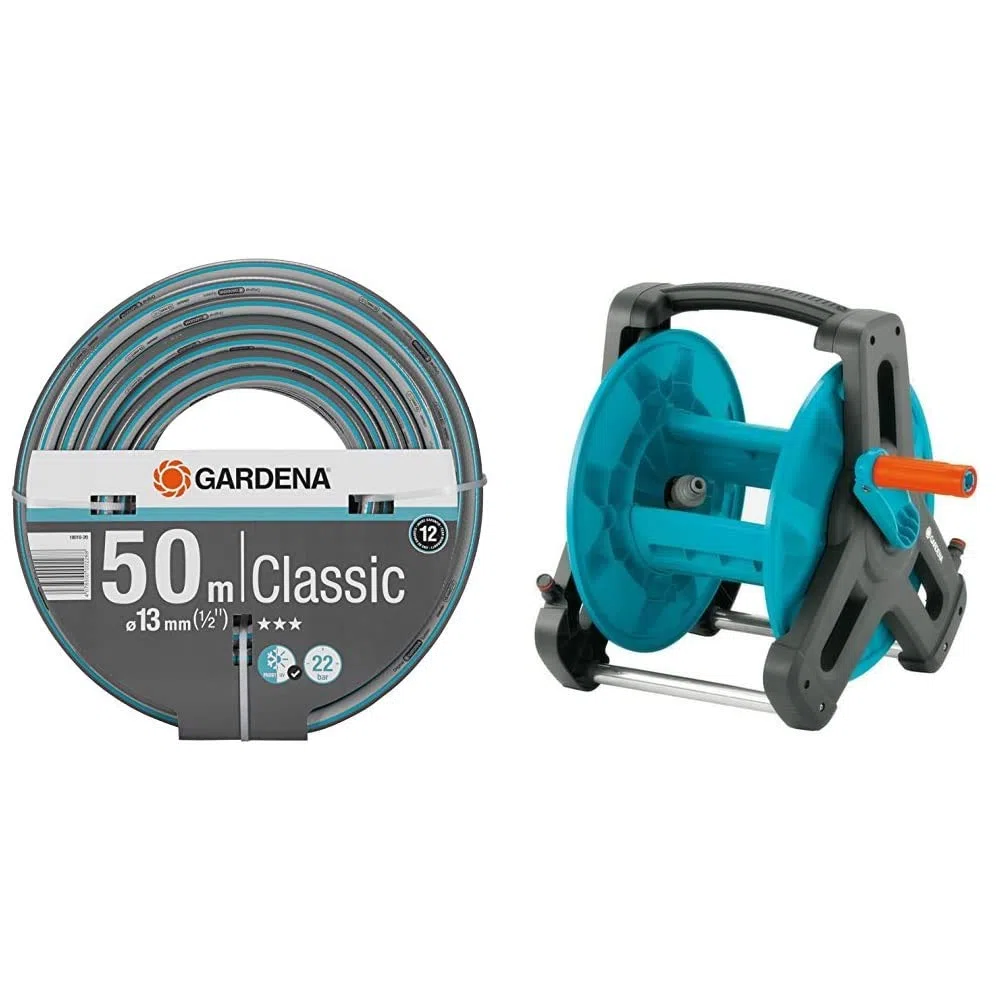 Gardena Classic Schlauch 13 mm (1/2 Zoll), 50 m: Universeller Gartenschlauch aus robustem Kreuzgewebe & Classic Schlauchtrommel 50: Wasserschlauchtrommel für Gartenschlauch max. 50 m (13 mm Schlauch)