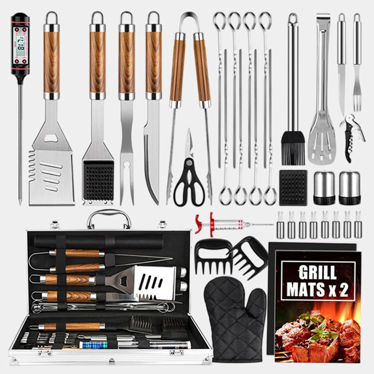 Edelstahl Grillbesteck Set mit BBQ Grillbesteck Koffer Professionelles Grillwerkzeug INKL Grillwender,Grillgabel Grill-Zubehör Tragbares Verschiedene und Komplette Gasgrill BBQ