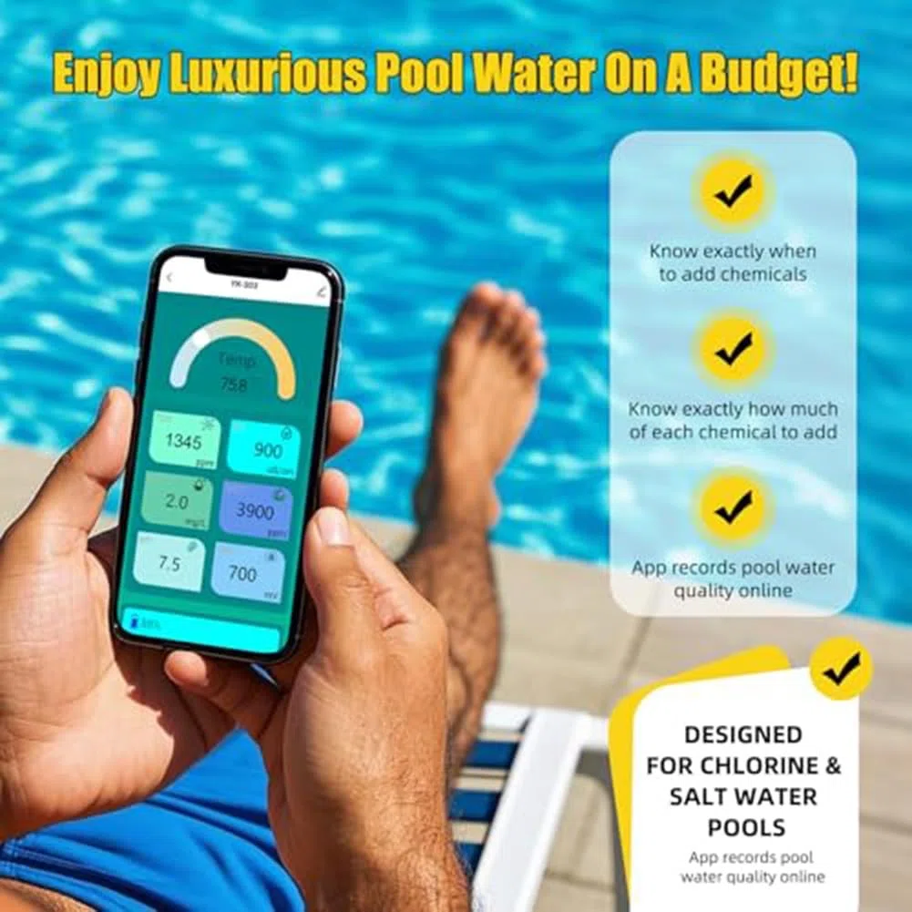 Für Smart Pool Wasserqualitätsmonitor, 7-in-1 für tuya WiFi Tester für pH-Salinität ORP CL-Temperatur, Echtzeit-App-Steuerung für Salzwasserpools