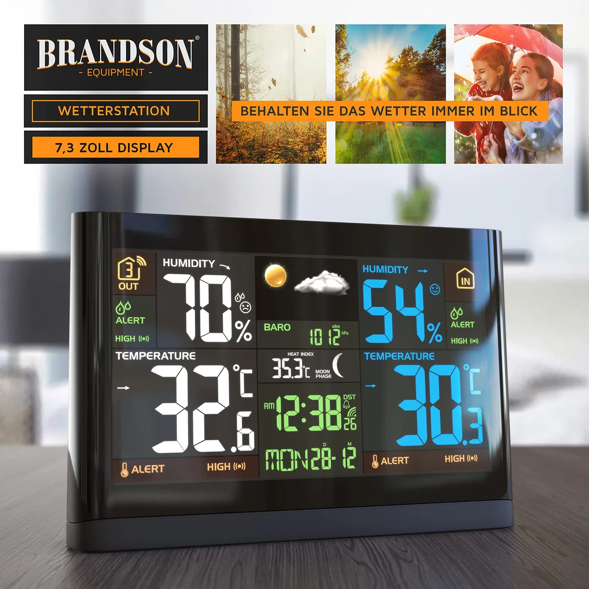 Brandson - Wetterstation Funk mit Außensensor - großes Farbdisplay - Funkuhr DCF Empfangssignal - Innen und Außentemperatur - relativer Luftdruck - Barometer - Temperaturtrend – Lichtsensor - schwarz