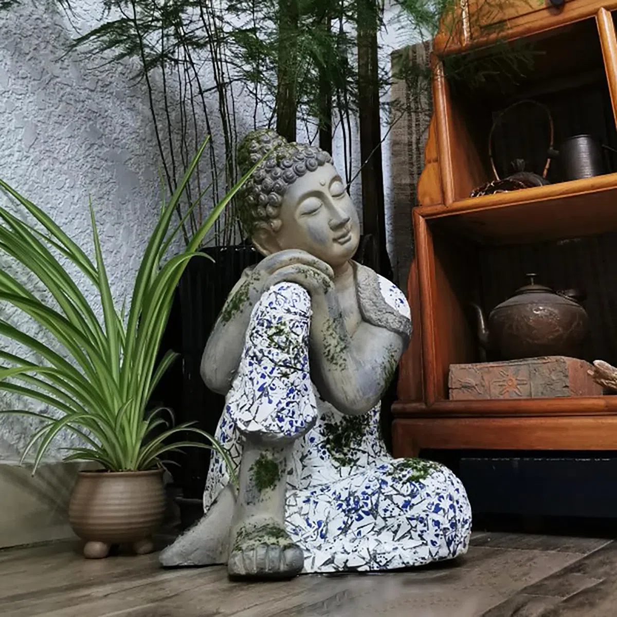 Buddha Figur groß 46 cm/4 kg Zen gartendeko für draußen wetterfest für Gartenliebhaber Geschenke,Magnesiumoxid,Grau
