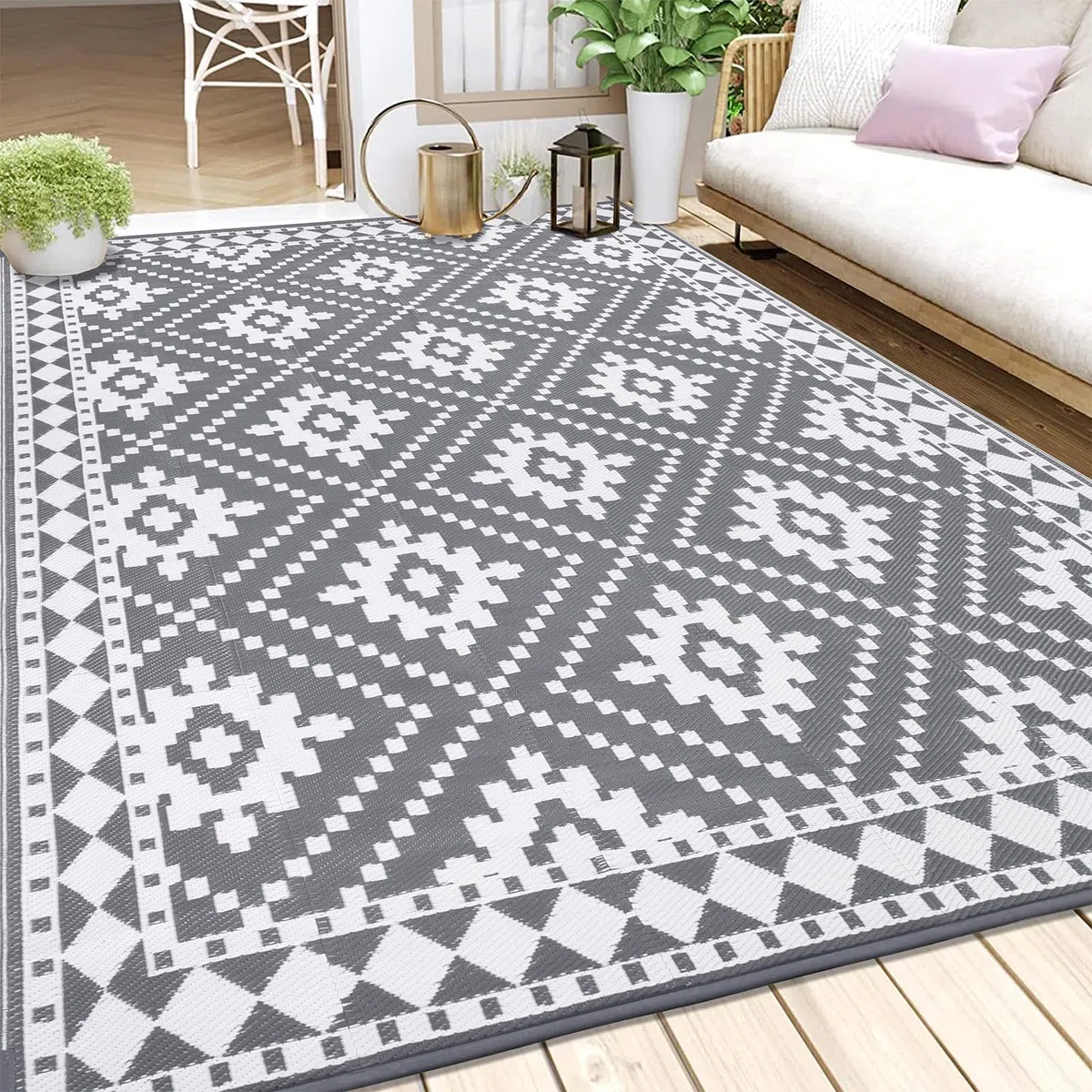 Enyhom Groß Außenteppich 240 x 300 cm, Robuster Flachgewebe Kunststoff Picknickdecke, Wendbarer UV-beständige Campingmatte, Wasserdicht Farbecht Balkonteppich für Outdoor RV Camping, Grau