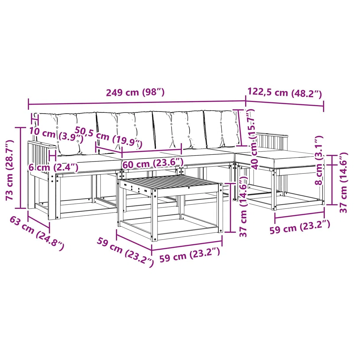 Outdoor-Sofagarnitur 6-teilig, wetterfestes Akazienholz und Textilene, modulare Sitzgruppe für Garten, Terrasse, Balkon, modernes Design, langlebige, Pflegeleichte Sitzmöbel, inklusive Tisch