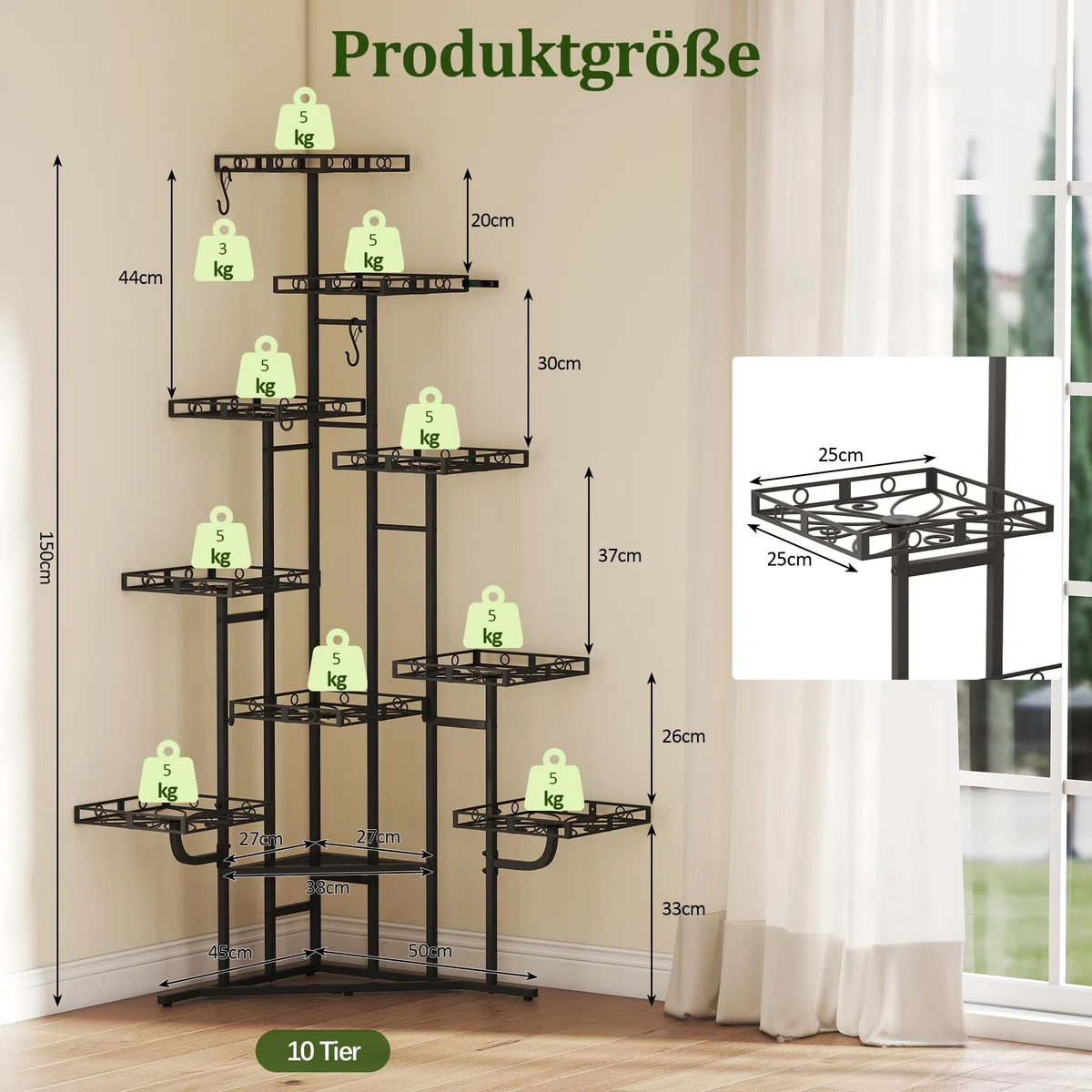 Quikraen 9 Ebenen Blumenständer, Pflanzenständer, 150cm, Metall, Schwarz | L-förmiges Design Pflanzenregal, Outdoor & Indoor Blumenregal, Blumentreppe für Wohnzimmer, Garten, Balkon, Rostbeständigen