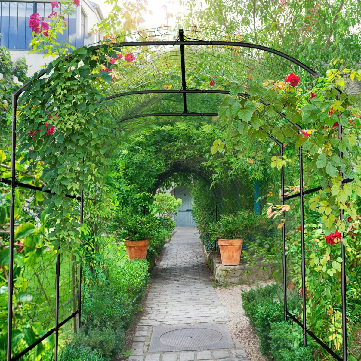 SUNYRISY Große Gurken Rankhilfe, Gartenbogen für Kletterpflanzen Rankhilfen, 220cm Hoher PE Beschichtete Metall Rankgitter mit Ranknetz, Rankbogen Rankgitter für Gurke, Blumen, Erbsen