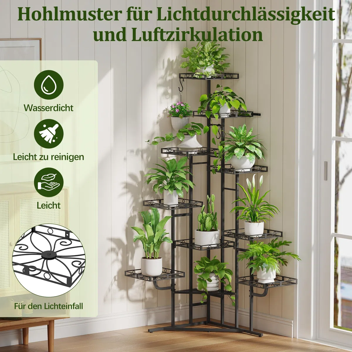 Quikraen 9 Ebenen Blumenständer, Pflanzenständer, 150cm, Metall, Schwarz | L-förmiges Design Pflanzenregal, Outdoor & Indoor Blumenregal, Blumentreppe für Wohnzimmer, Garten, Balkon, Rostbeständigen