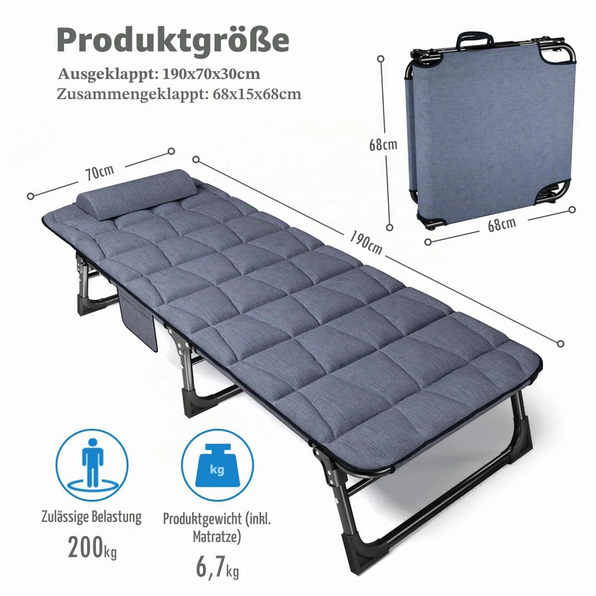 ATORPOK SHOP Sonnenliege mit verstellbarer Rückenlehne, 4-fach verstellbar, Mehrzweck-Campingbett, tragbar und Liegestuhl, für Garten/Pool/Terrasse, gepolsterte Matratze und Kissen – Blau
