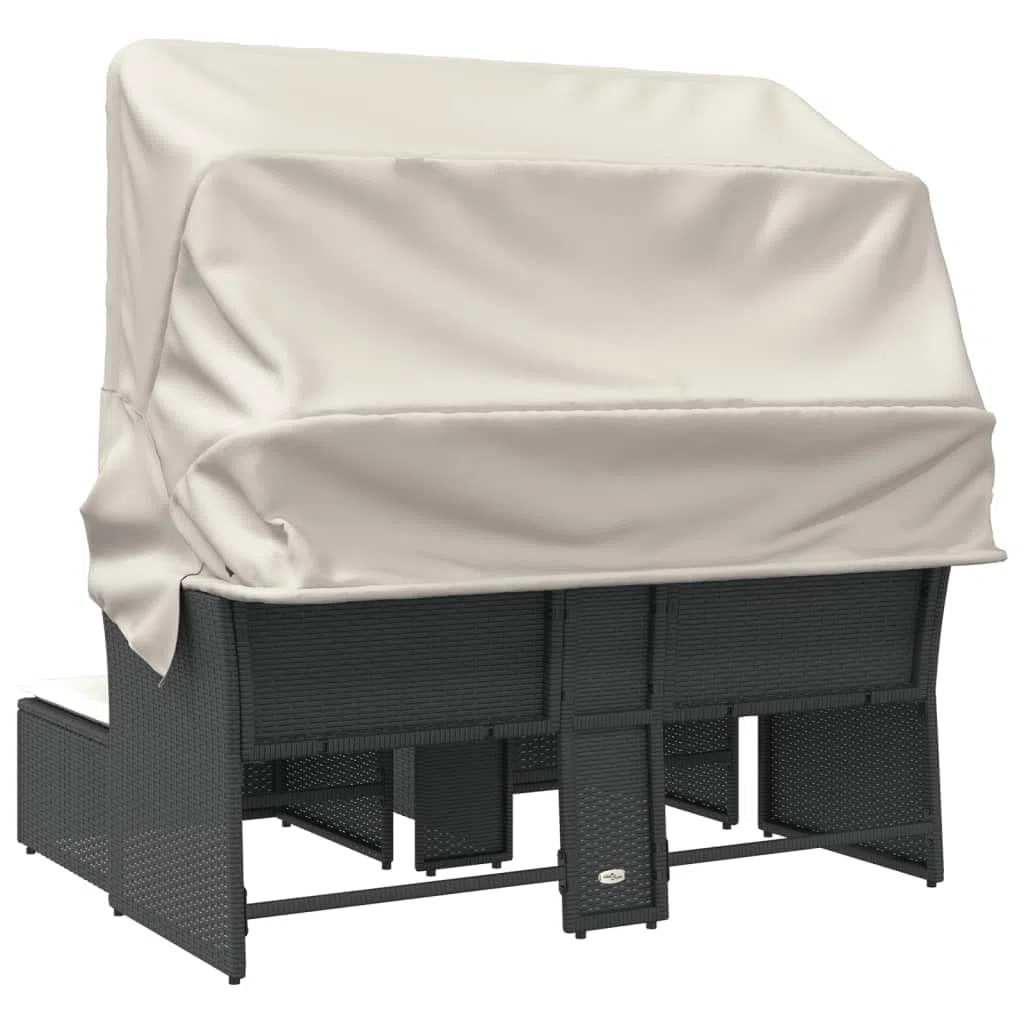 Hommdiy Gartensofa,Gartenlounge Outdoor,Sonnenliege Gartenliege Balkon,Doppelliege 2-Sitzer mit Dach und Hockern Schwarz Poly Rattan