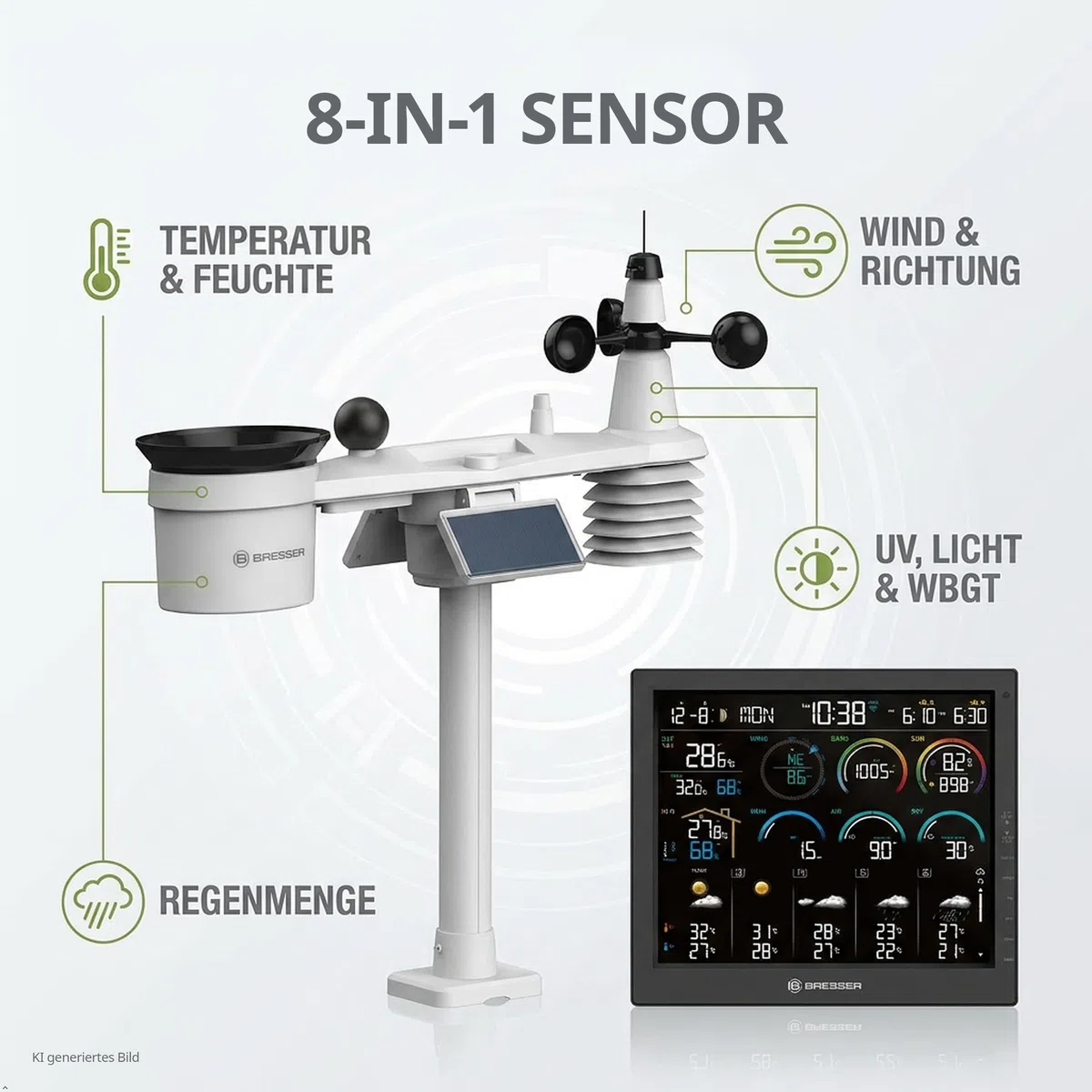 Bresser 4CAST Profi WLAN Wetterstation Funk mit 8 in 1 Außensensor | Innentemperatur und Außentemperatur, Luftfeuchtigkeit, Regenmesser, Windmesser, 14 Tage Wettervorhersage, App, WBGT