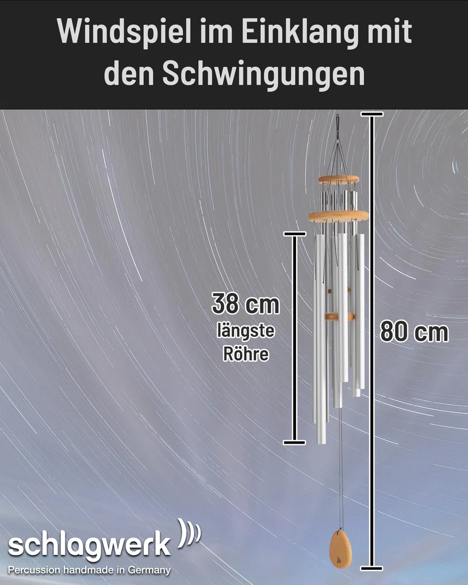 Schlagwerk Einklang Windspiel Tageston 80 cm - 6 Röhren, lang anhaltender Klang - Aluminium - Exakt gestimmt Frenquenzen mit Naturton-Reihe - Meditation - Entspannung - Vitale Stärke