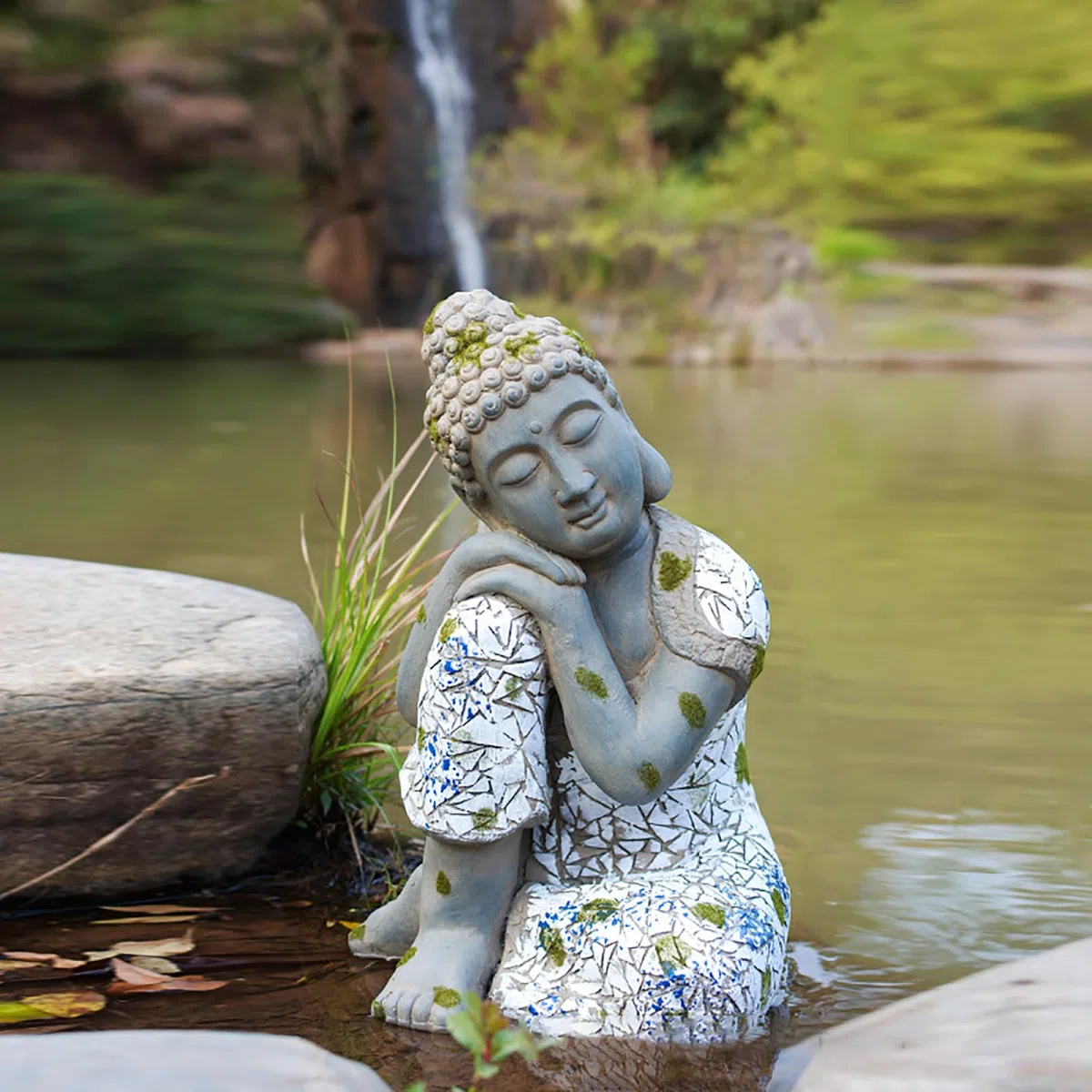 Buddha Figur groß 46 cm/4 kg Zen gartendeko für draußen wetterfest für Gartenliebhaber Geschenke,Magnesiumoxid,Grau