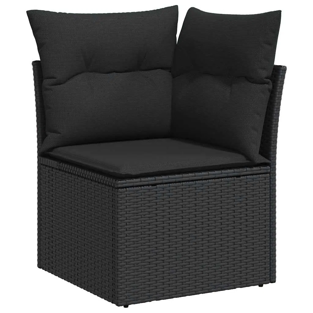 11-TLG Garten-Sofagarnitur mit Kissen Schwarz Poly Rattan wetterfestes Polyrattan Lounge Set für Terrasse Balkon mit Tisch Hocker Regal und Stauraum ideal für Outdoor Veranda und