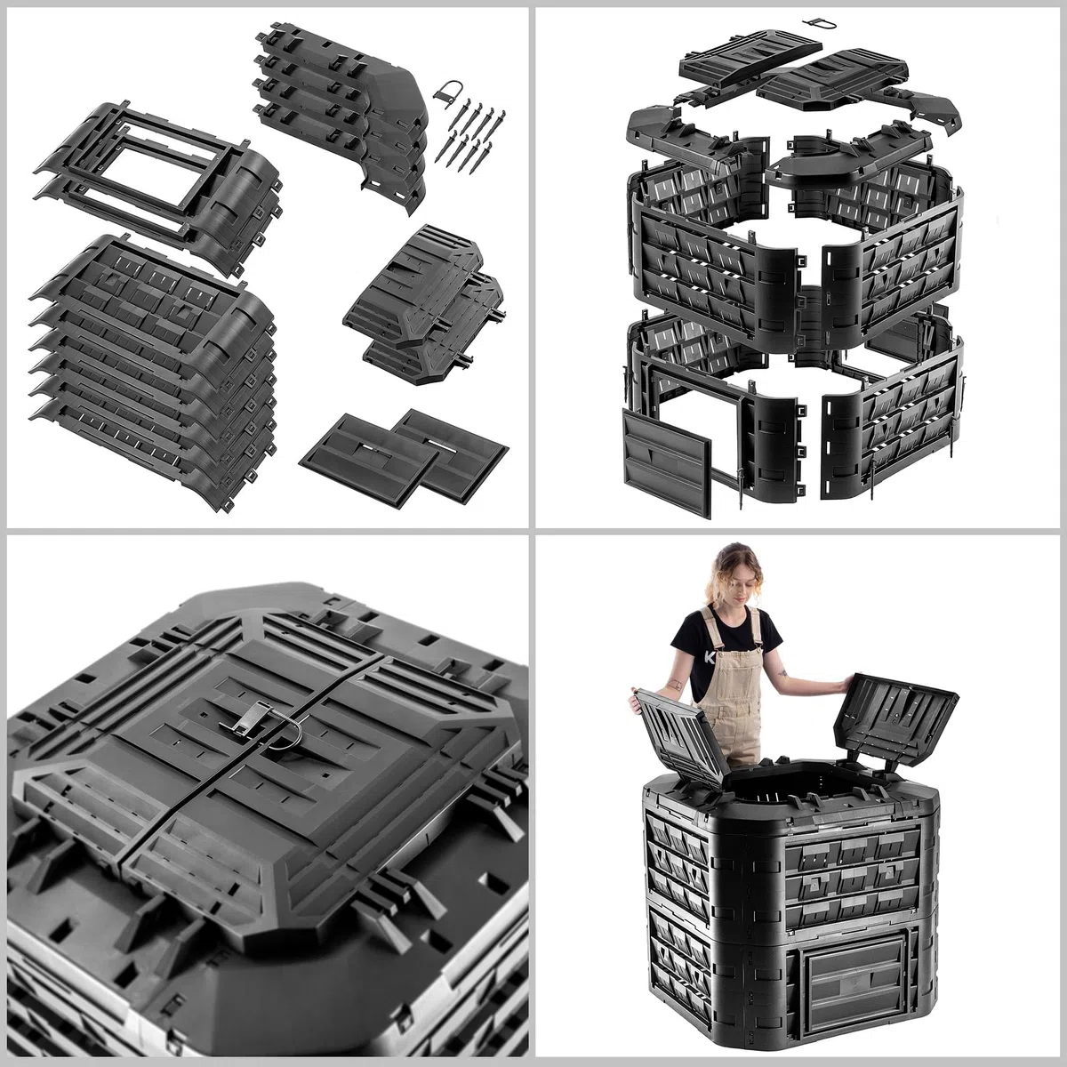 KADAX Modularer Komposter für Gartenabfälle, Gartenkomposter aus Kunststoff, Komposttonne mit Lüftung und Bewässerung, Kompostbehälter, Schnellkomposter (Schwarz 650 L)