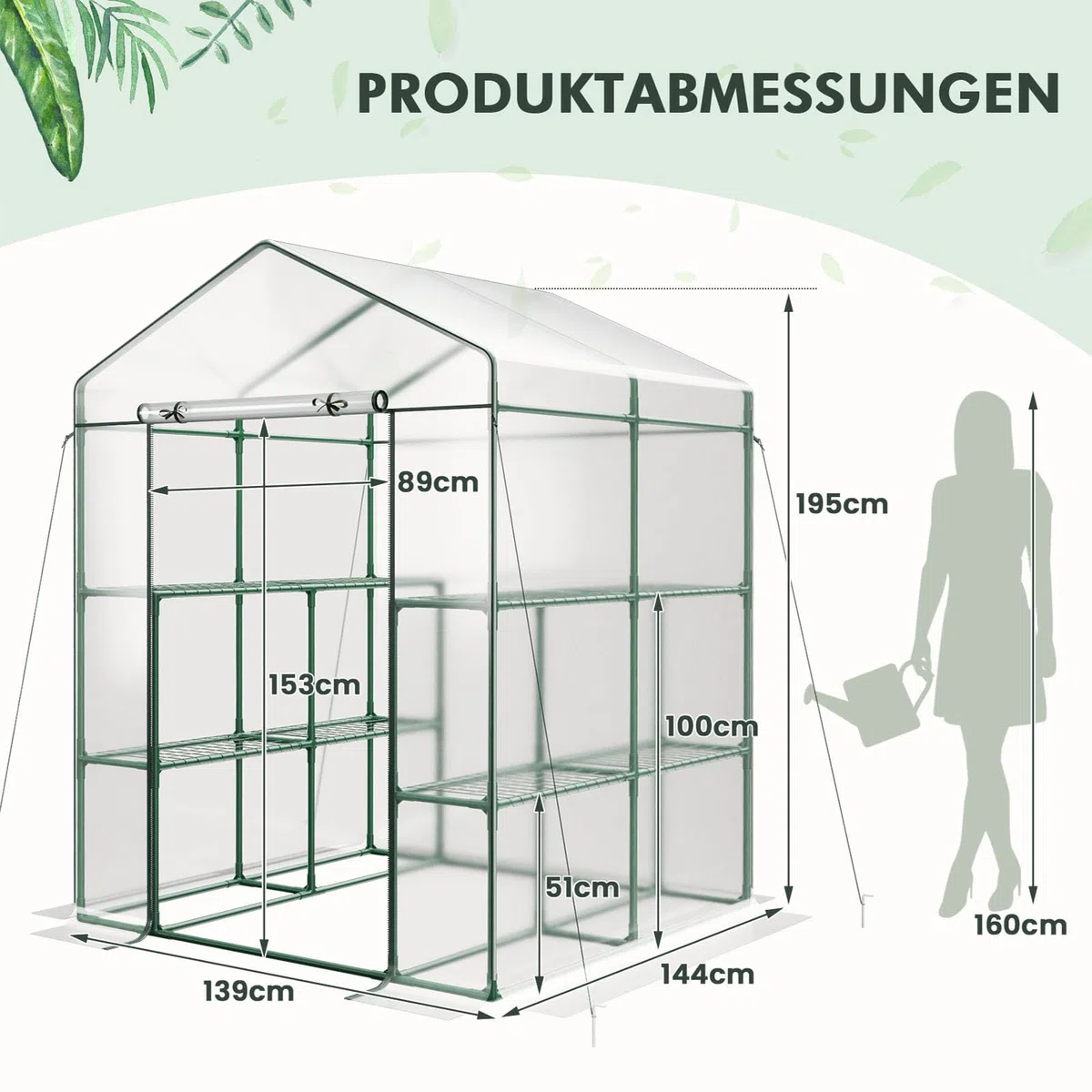COSTWAY Gewächshaus, begehbares Foliengewächshaus mit 8 Regalen, Tomatenhaus mit PVC-Abdeckung & robustem Metallrahmen, Tomatengewächshaus für Tomaten, Gemüse, Pflanzen, 139 x 144 x 195 cm