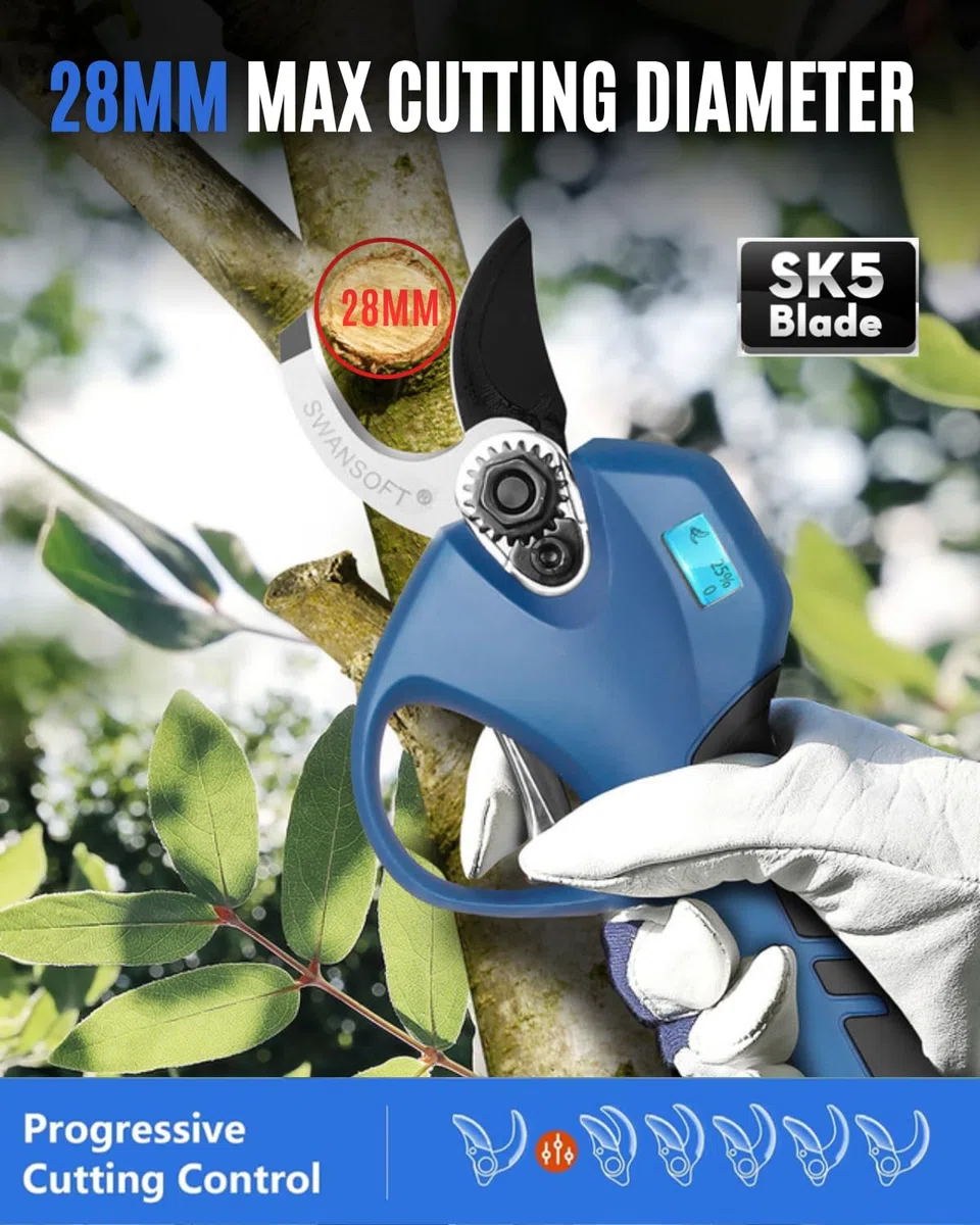 SWANSOFT PRU28 Akku Astschere, 28mm 16,8V 2+2Ah 850W Gartenschere Leistungsstarke Elektrische Elektrogartenscheren Für Präzisen, Rosenschnitt und Weinreben,[Leicht Sicher, Einstiegsmodell Für Profis]
