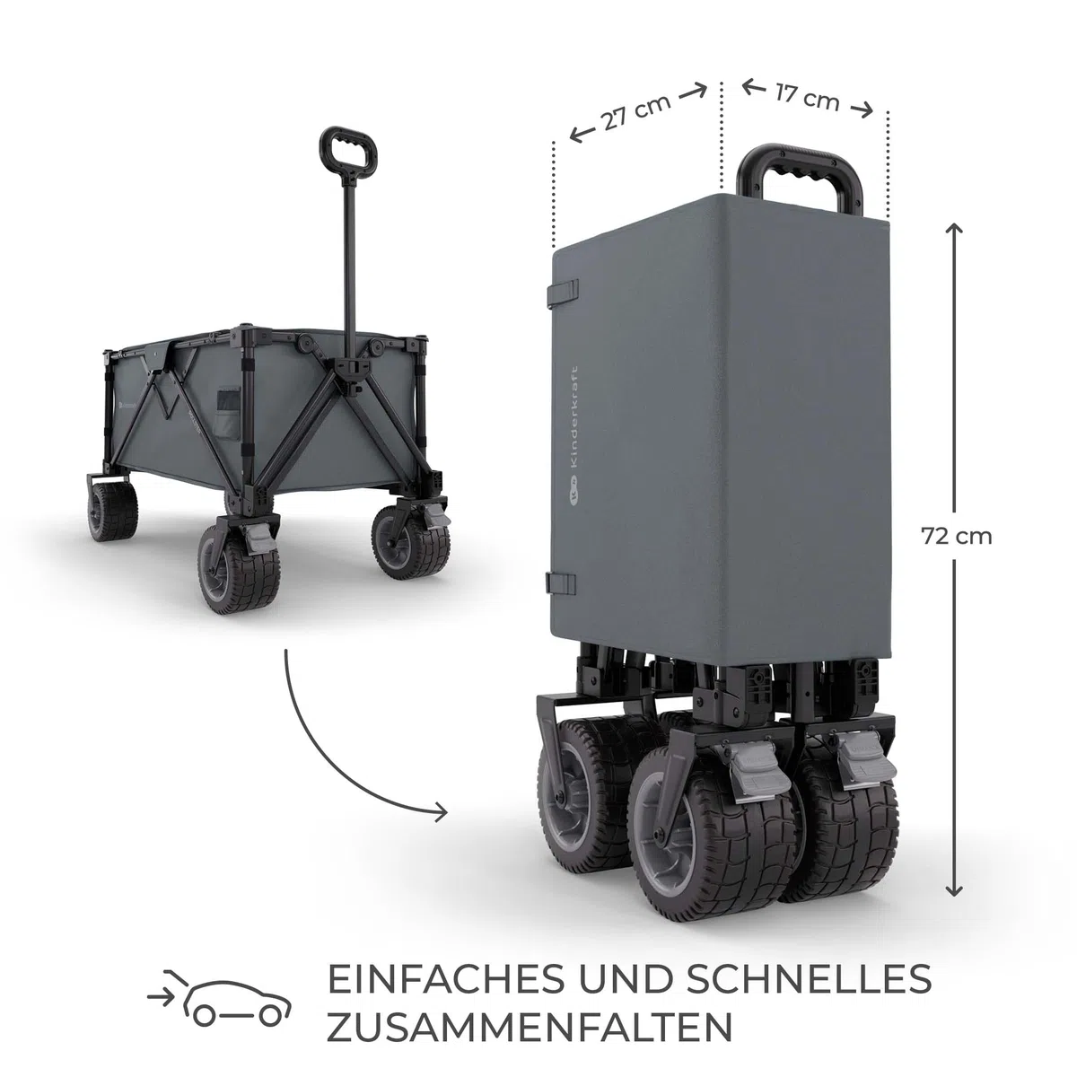 Kinderkraft ROLLSTER, klappbarer Bollerwagen, Tragkraft 100 kg, Volumen 130 l, Stabiler Stahlrahmen, Oxford 600D Gewebe, große Geländeräder, Teleskopgriff, kompakt, leicht zu transportieren, Grau