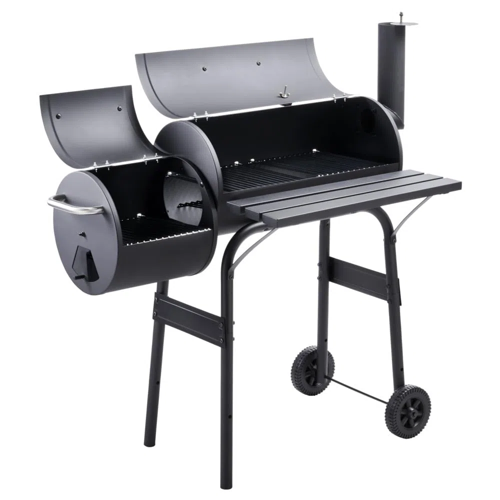 Smoker BBQ mit 2 Grillzonen & Thermometer - Holzkohlegrill aus Metall mit Rollen - Grillwagen fahrbar