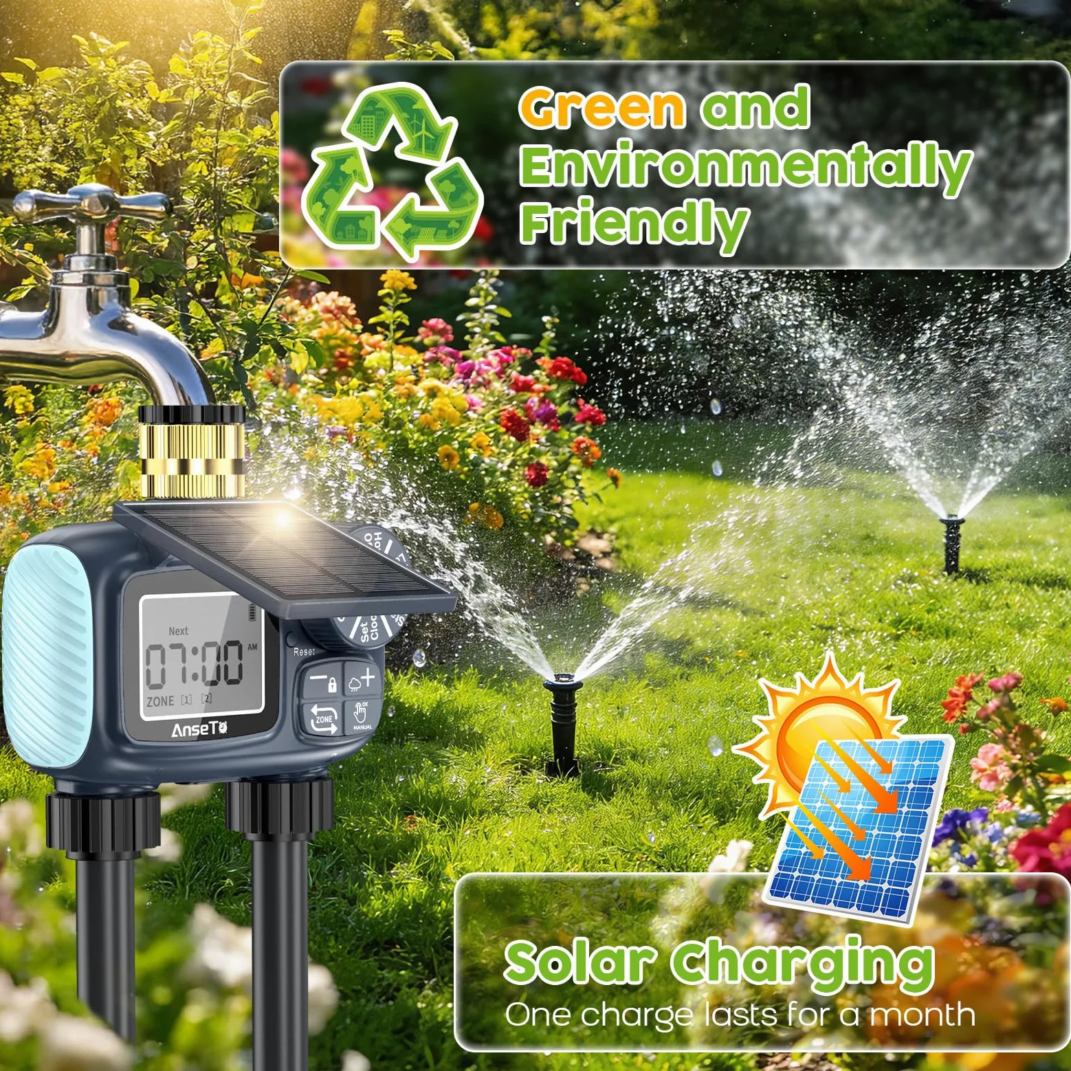 Solar Bewässerungscomputer mit 2 Zonen für Garten, Rasen, Pflanzen | Programmierbare Bewässerungssteuerung mit Solar & USB-C Aufladung, ideal für Garten,Rasen,Gemüsebeete und Urlaubsbewässerung