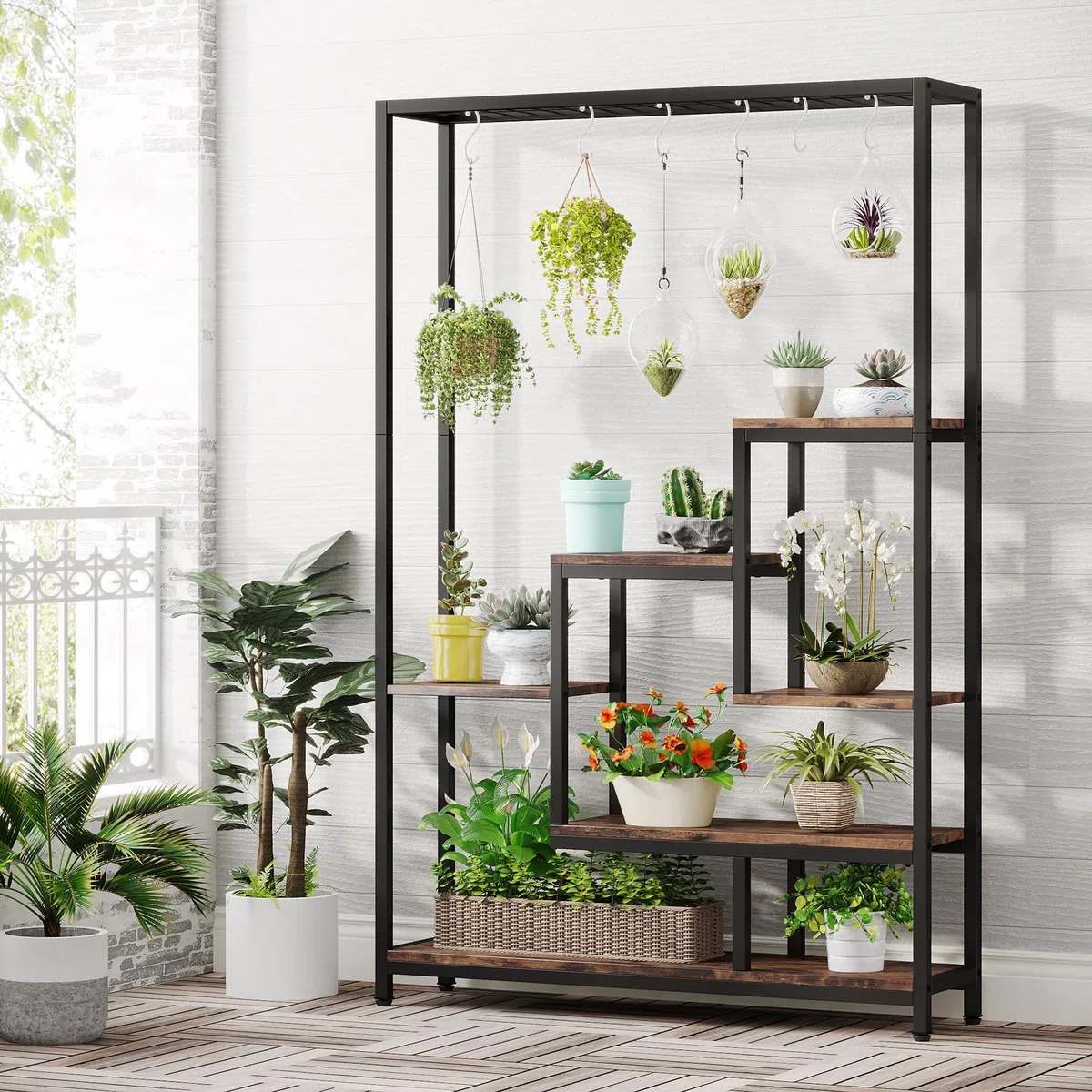 Tribesigns Pflanzenständer Blumenständer indoor 5 Etagen Pflanzenregal mit 10 S-Haken, 180 cm Blumenregal Metall für Balkon Deko Garten Blumentreppe Wohzimmer (Braun)