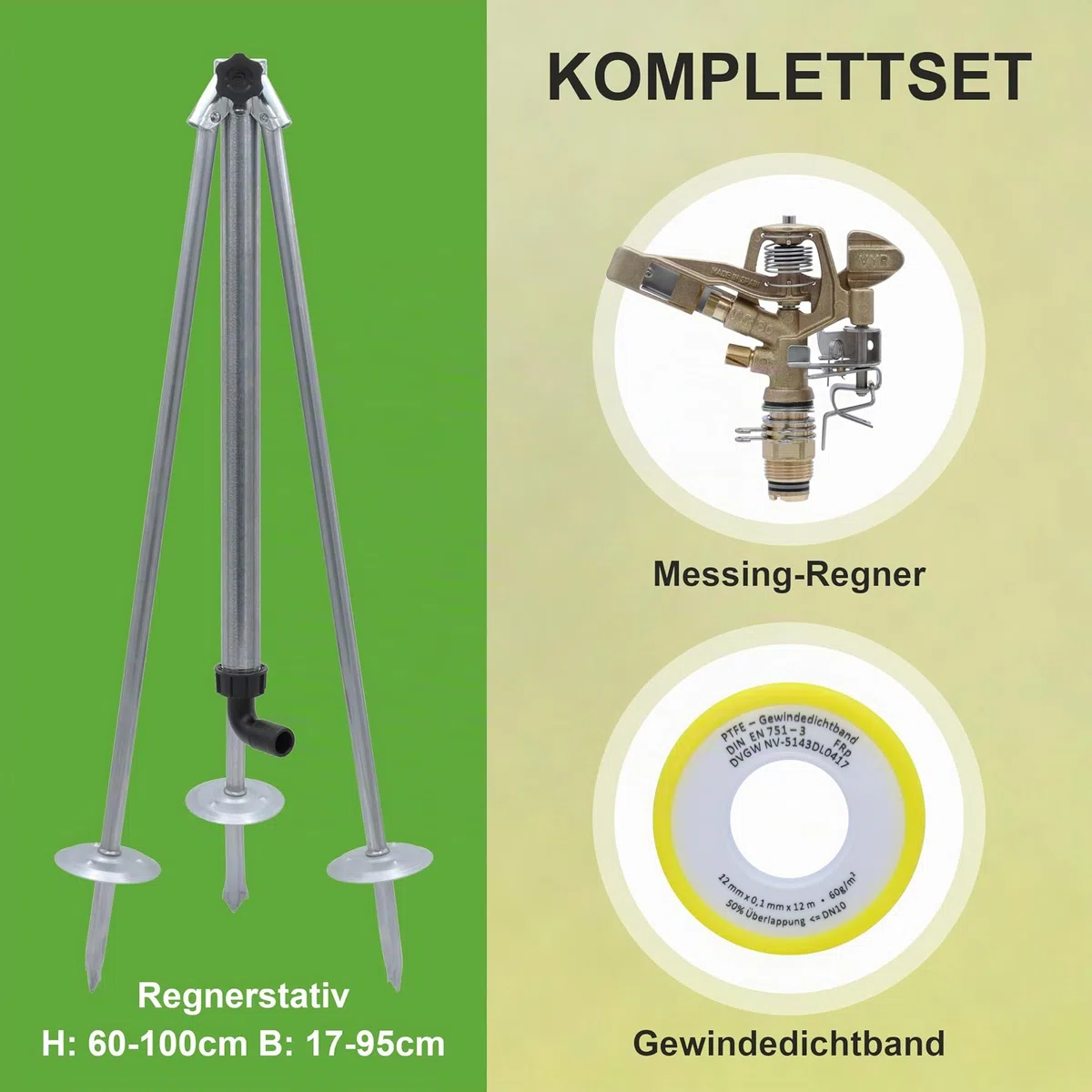 Agrarflora Kreis-und Sektorenregner VYR-60, 3/4 Zoll, Komplettset mit Dreibeinstativ und 12m PTFE-Dichtungsband, Kreisregner, Sektorenregner, Impulsregner, Teilkreisregner