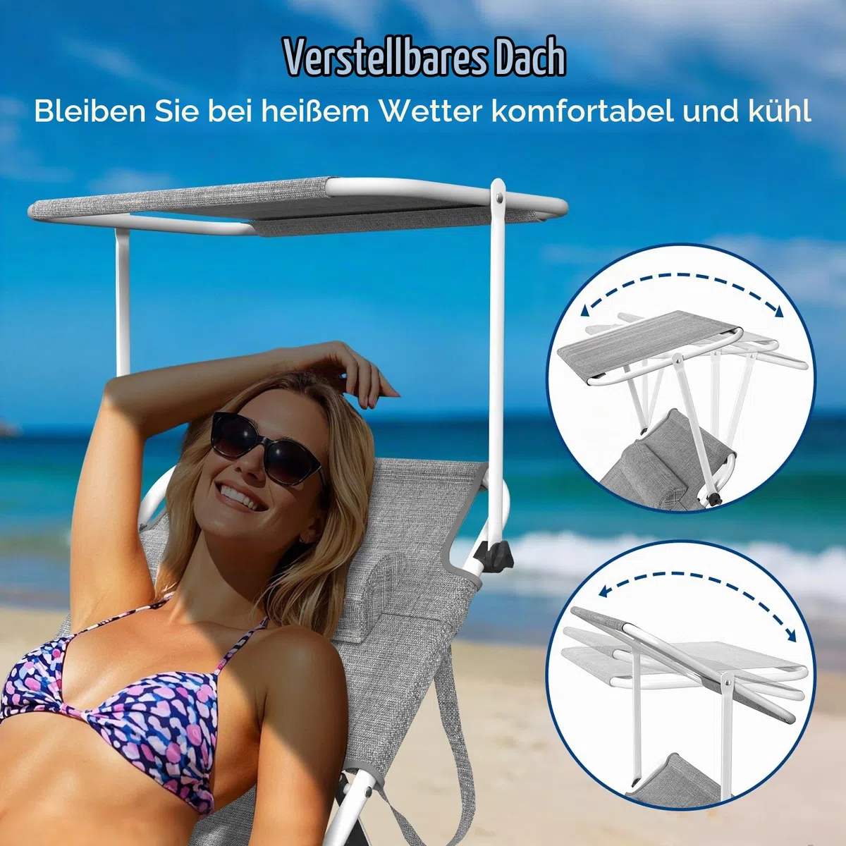 2er Set Sonnenliege Extra Breit 195x69x29, Liegestuhl Leicht mit Dach-Kopfkissen-Seitentasche, Verstellbarer Rückenlehne, Gartenliege, Strandliege Tragbar für Strand, Klappbare Sonnenliege, Leinengrau