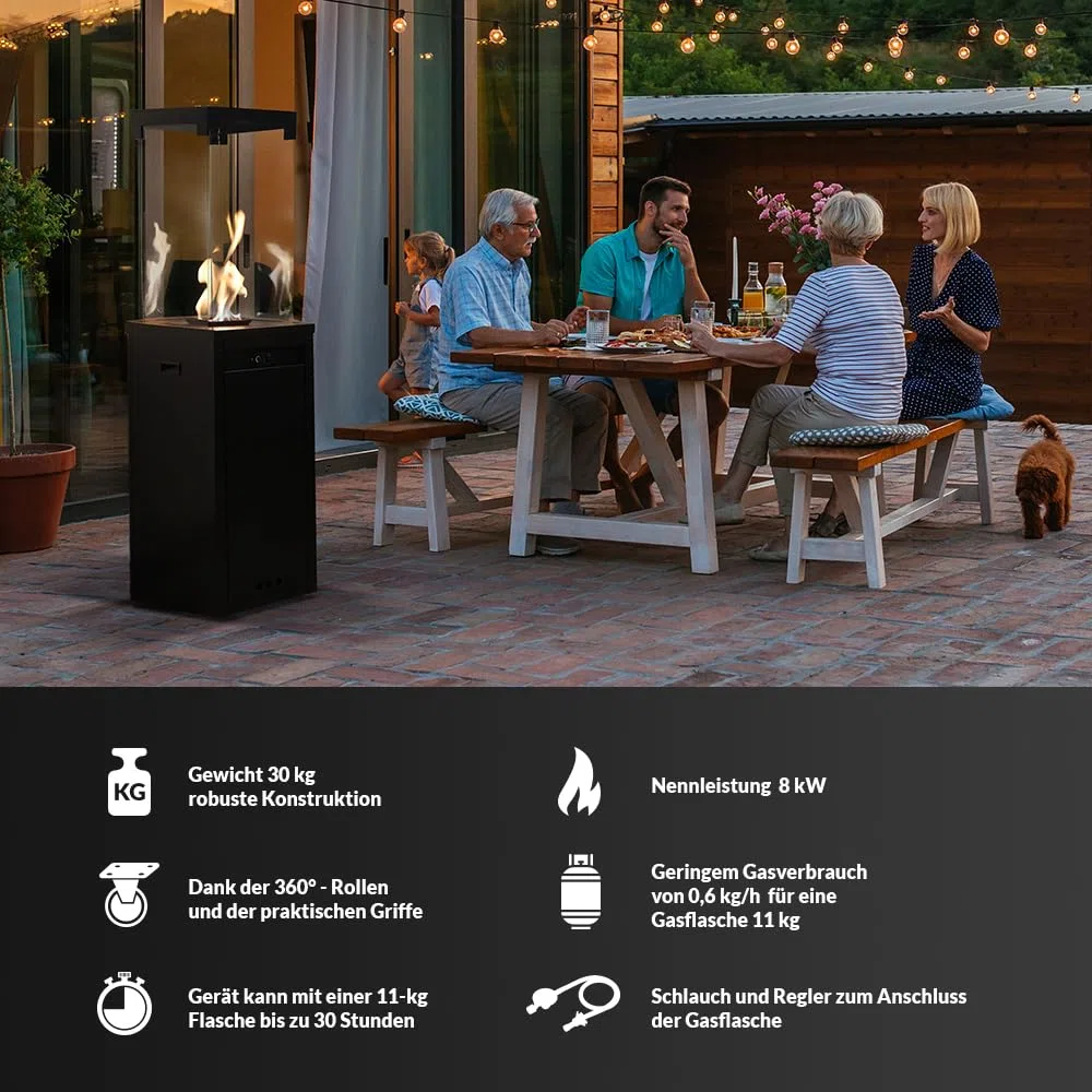 Kratki Patio Light Gas Terrassenheizer-Feuerstelle-Gaskamin-Aussenkamin -Terrassenkamin-Balkon-Gartenkamin-Gas-Gartenheizer auf Rädern- 8,2kW G30/50mbar Schwarz