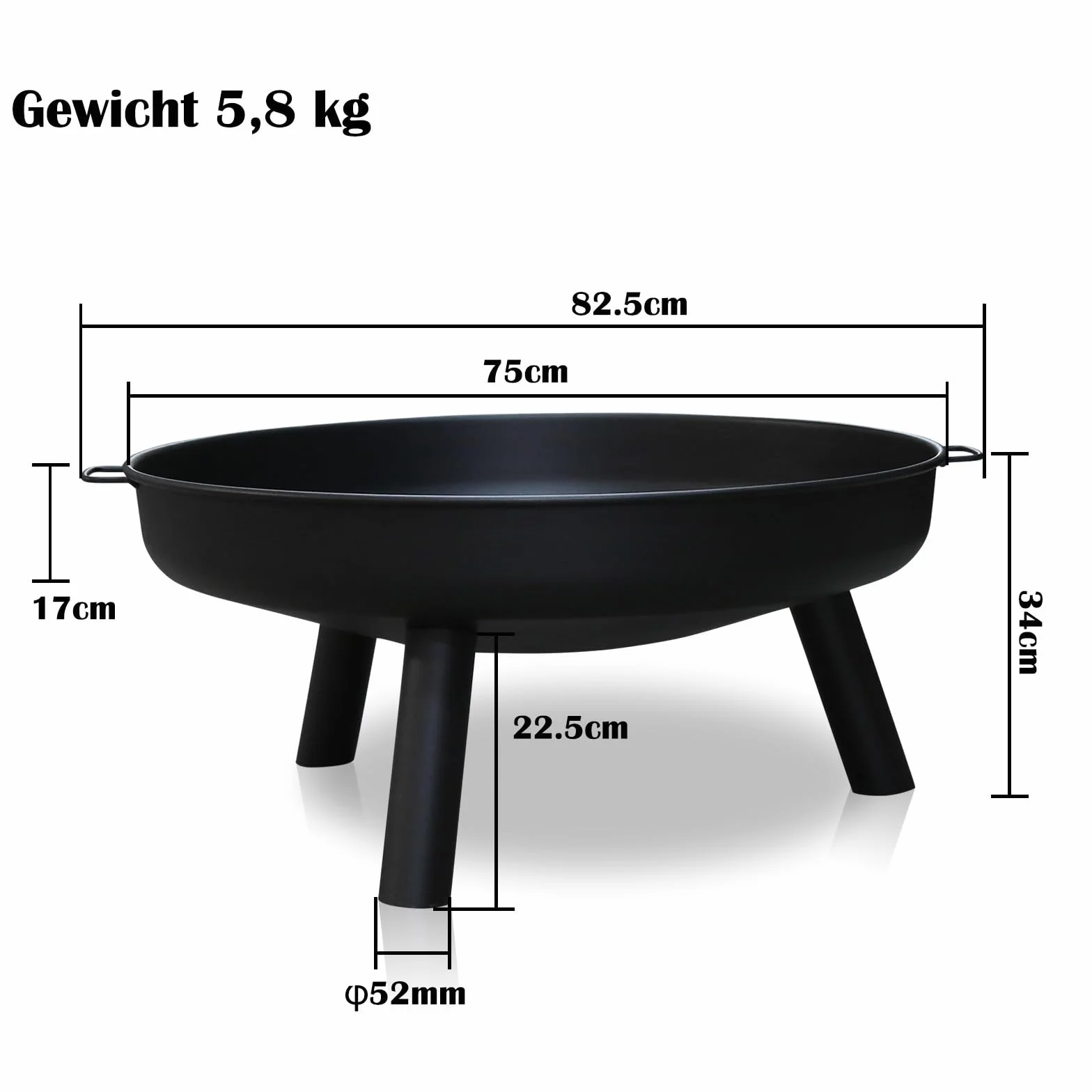 Herrselsam Feuerschale Ø 80 cm Feuerstelle für den Garten, mit 3 abnehmbaren Füßen und Griffen, Outdoor-Feuerstelle für Garten und Balkon, Stahl-Feuerstelle für Sommerpartys, Lagerfeuerheizung