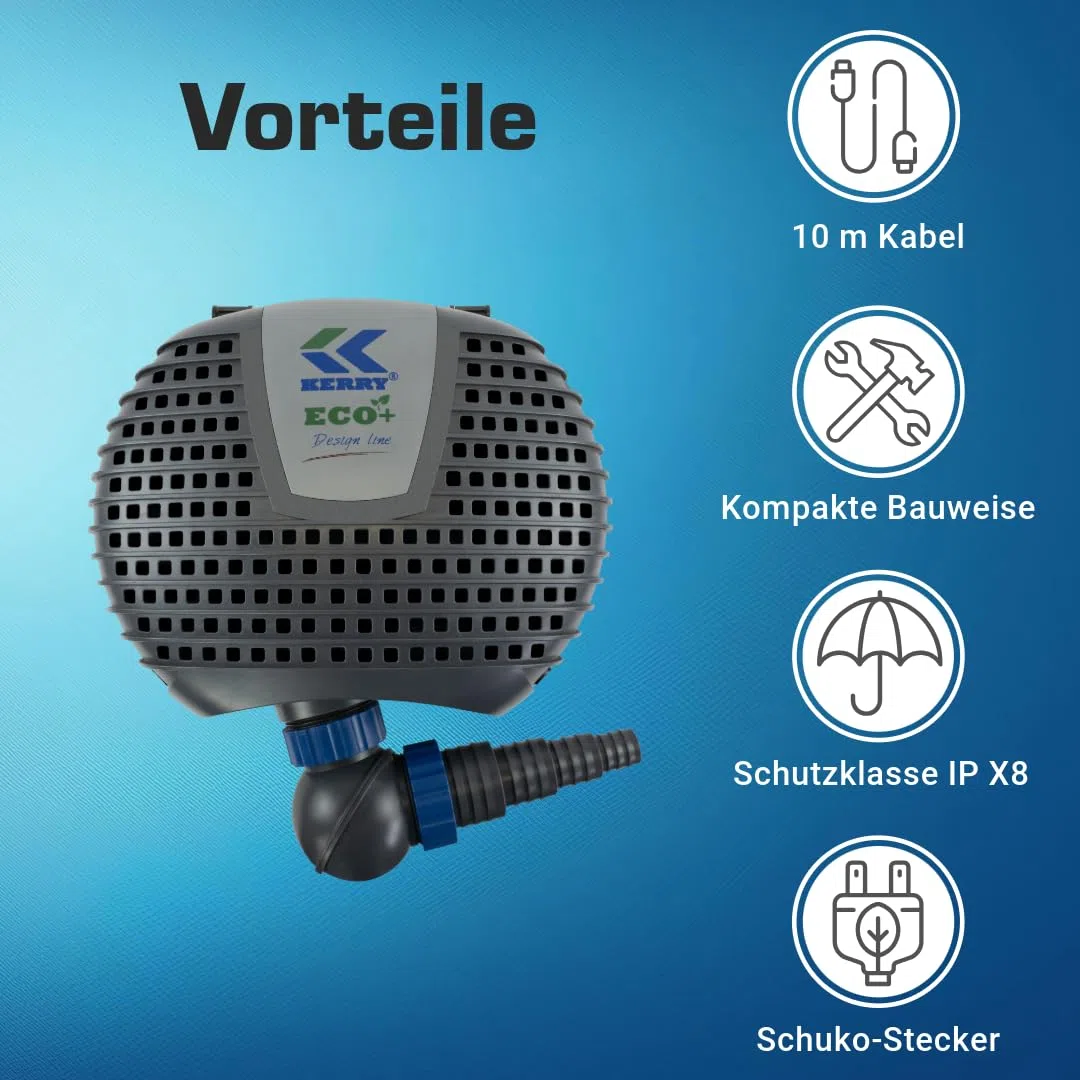 ECO Teichpumpe KEE05000-5000 L/H, nur 22 Watt energiesparend, Vorfilterkammer, 3m Förderhöhe, 10m Kabel, Wasserpumpe für Brunnen, Teich und Bach, Brunnenpumpe | Gartenteichpumpe