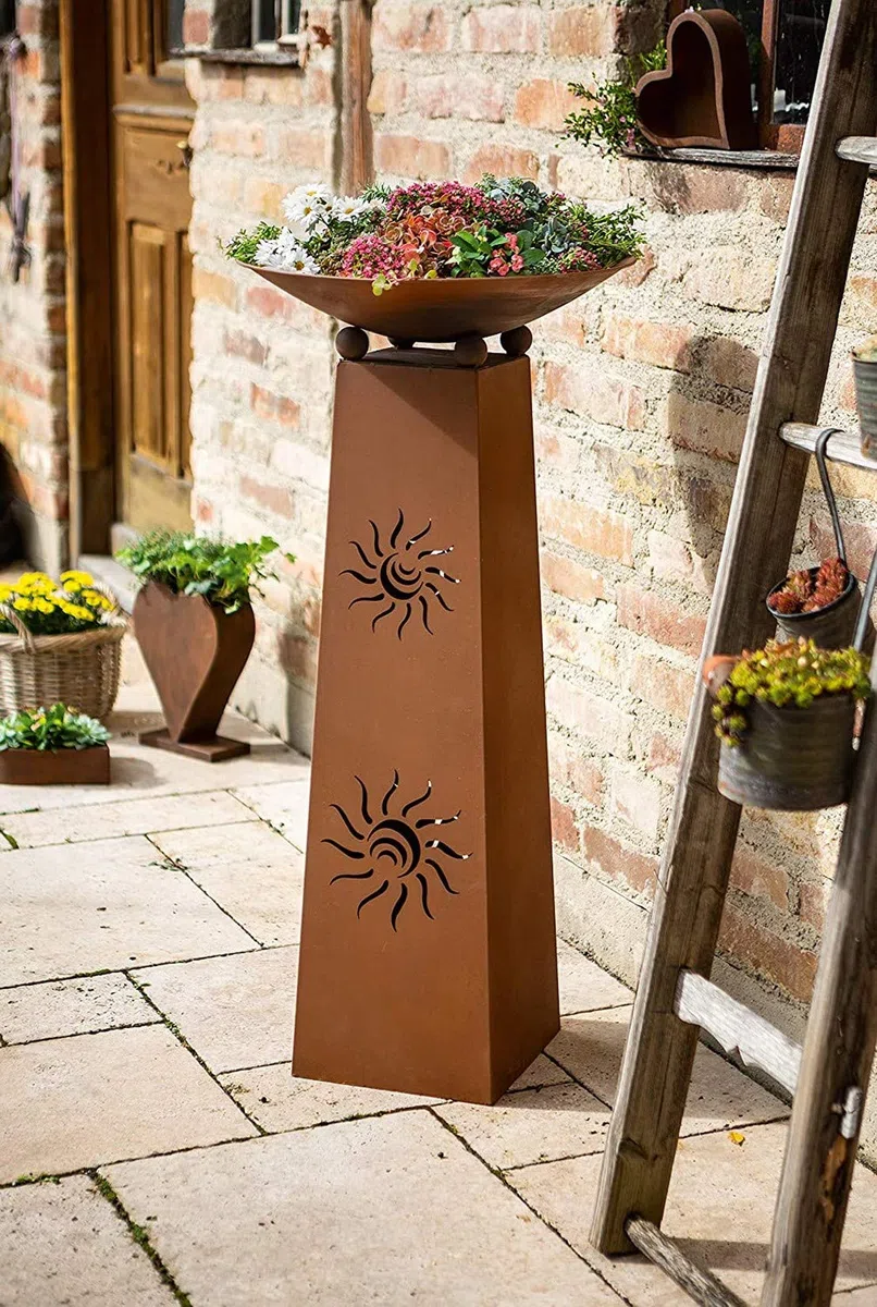 Dekosäule Sonne mit Feuerschale, Metall mit Edelrost, Feuerkorb | Metallsäule mit Feuerstelle / Pflanzschale, Outdoor Garten-Deko für Draußen