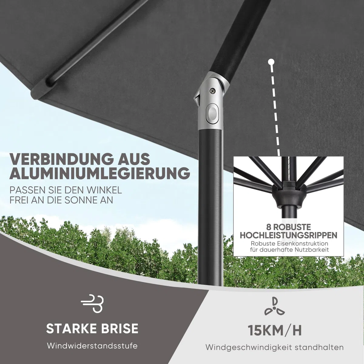 Sekey Sonnenschirm 300 cm mit Kurbel, Gartenschirm wasserabweisend, Balkonschirm UV-Schutz bis UPF 50+, Terrassenschirm neigbar & 8 Streben für Garten, Balkon & Terrasse, Grau