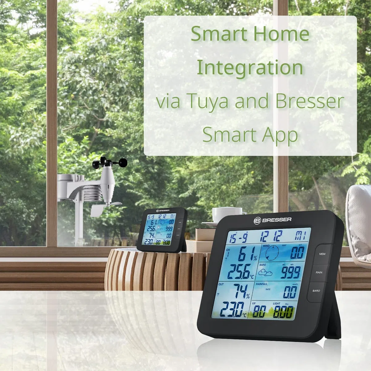Bresser ClimateConnect Tuya Google Home & Alexa - kompatible, über APP steuerbare Smart Home Funk Wetter-Station mit 7in1 Außensensor/ Regenmesser, schwarz