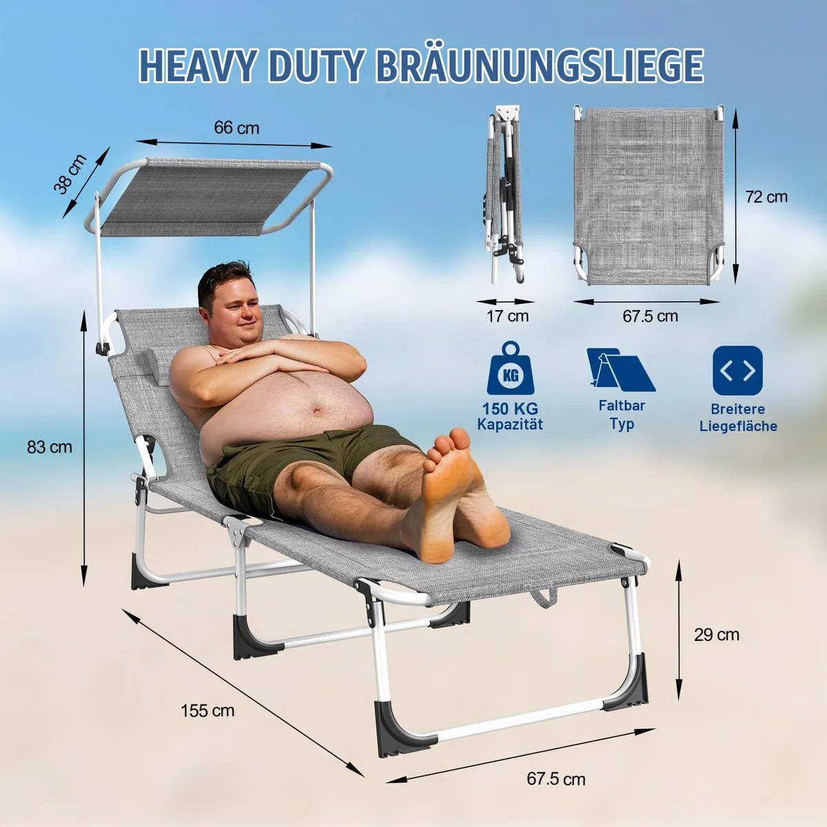 2er Set Sonnenliege Extra Breit 195x69x29, Liegestuhl Leicht mit Dach-Kopfkissen-Seitentasche, Verstellbarer Rückenlehne, Gartenliege, Strandliege Tragbar für Strand, Klappbare Sonnenliege, Leinengrau