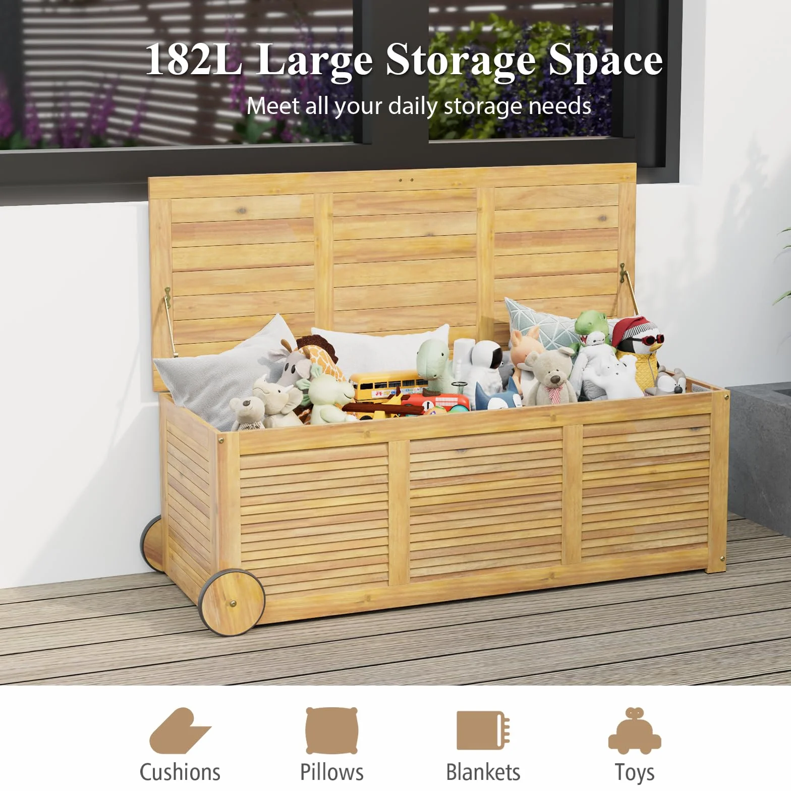HOMASIS Auflagenbox 182L mit Rollen, Gartenbox aus Akazienholz, Kissenbox mit wasserdichte Innentasche, Gartenbox Gartentruhe mit Griff, Auflagentruhe 150 kg belastbar, Aufbewahrungstruhe Kissentruhe