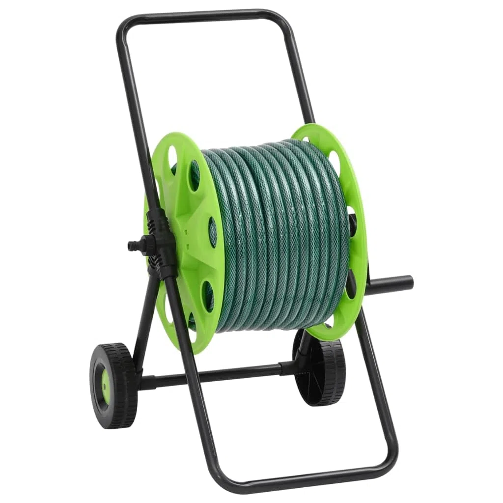 Schlauchwagen mit 30 m PVC Gartenschlauch Grün, verzinkte Stahlkonstruktion mit Rädern, 4-teiliges Anschluss-Set, knickfester Wasserschlauch für Gartenbewässerung und Reinigung