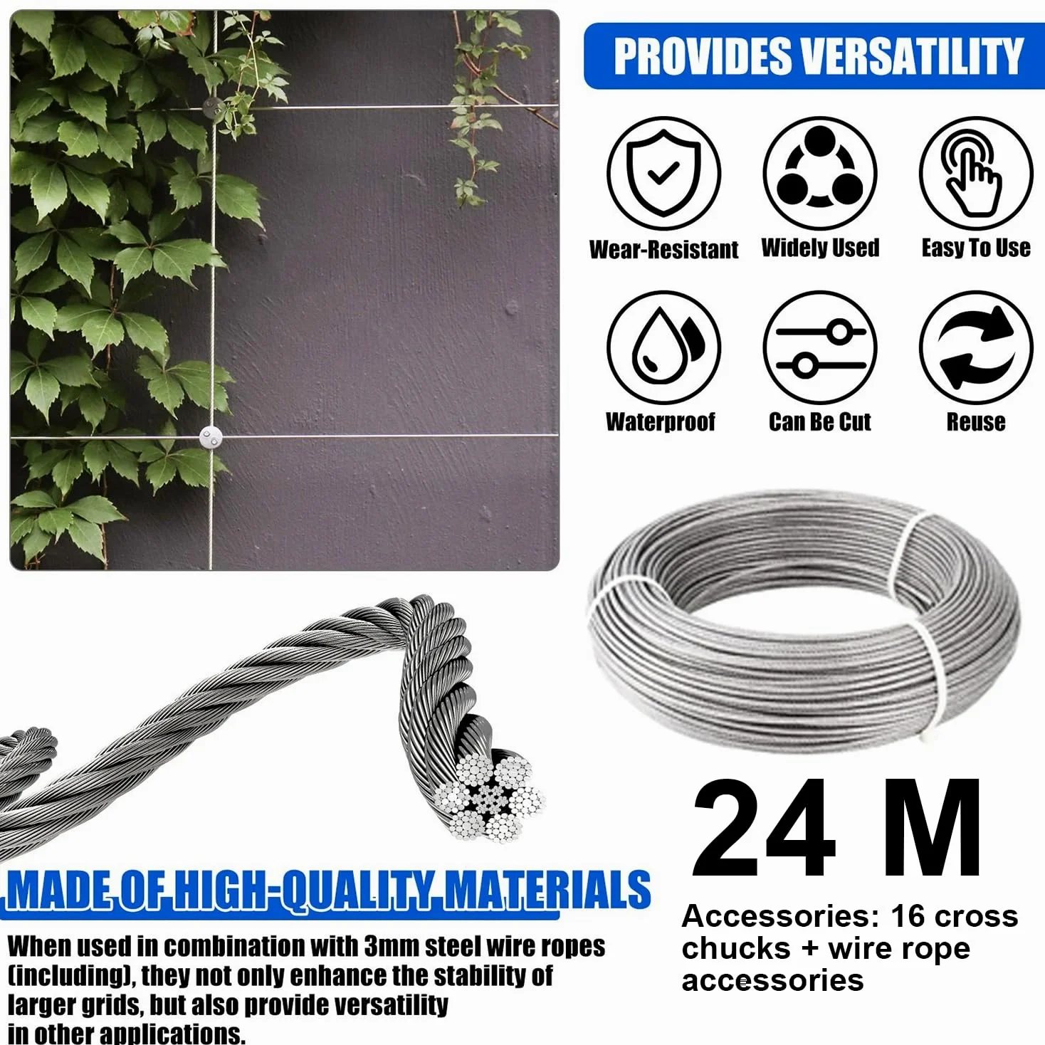 Rankhilfe Aus Edelstahl Für Kletterpflanzen,Rankgitter Edelstahl 24m,Rankhilfe Seil,Professionelles System Komplett,Inklusive Wandhalterungen Und 3 Mm Stahlseil,(16 Halterungen,24 Meter Kabel)