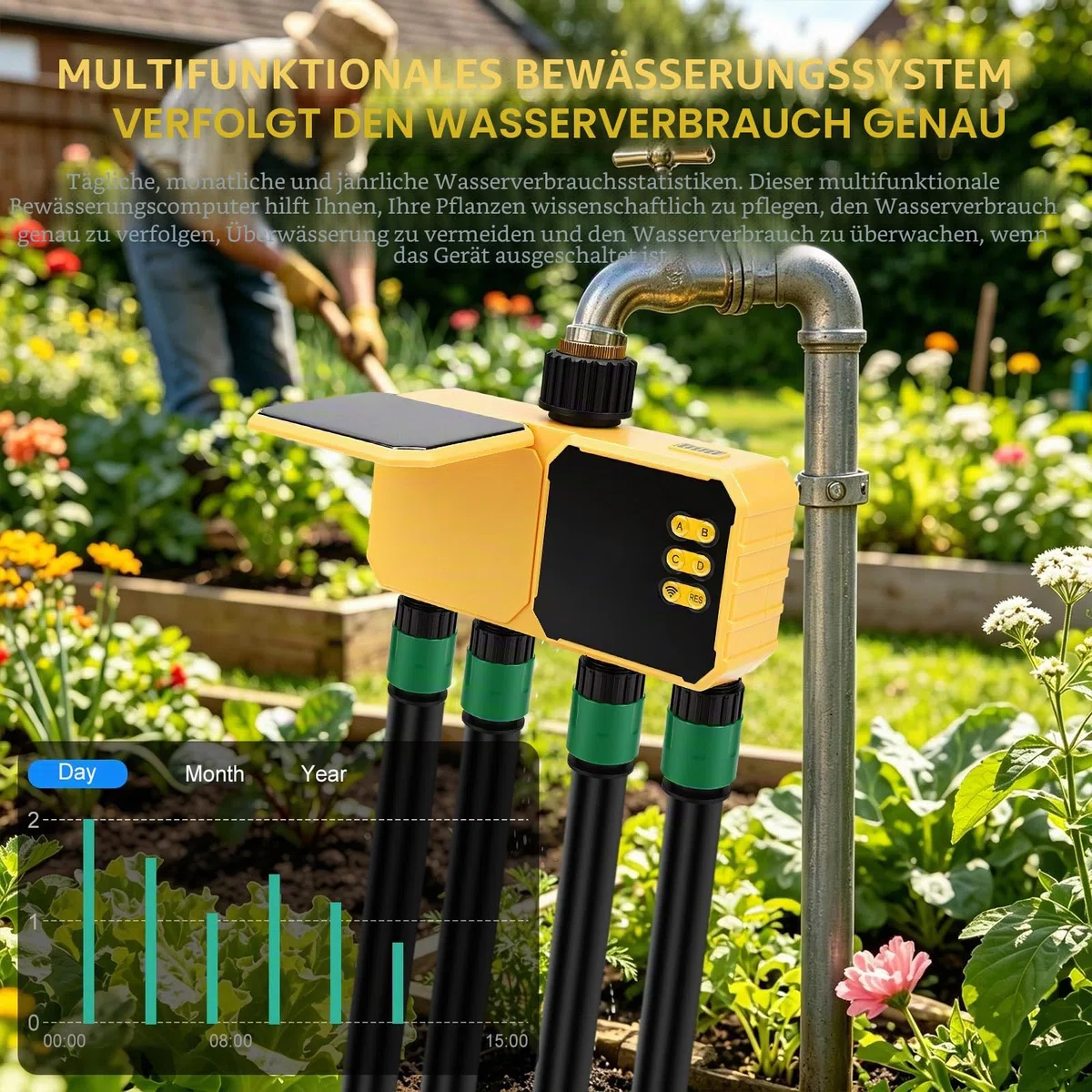 Bewässerungscomputer WLAN 4 Ausgänge,Smart Wasserzeitschaltuhr,App-Steuerung Sprachsteuerung Regenverzögerung Automatische Bewässerung,für Rasen,Garten