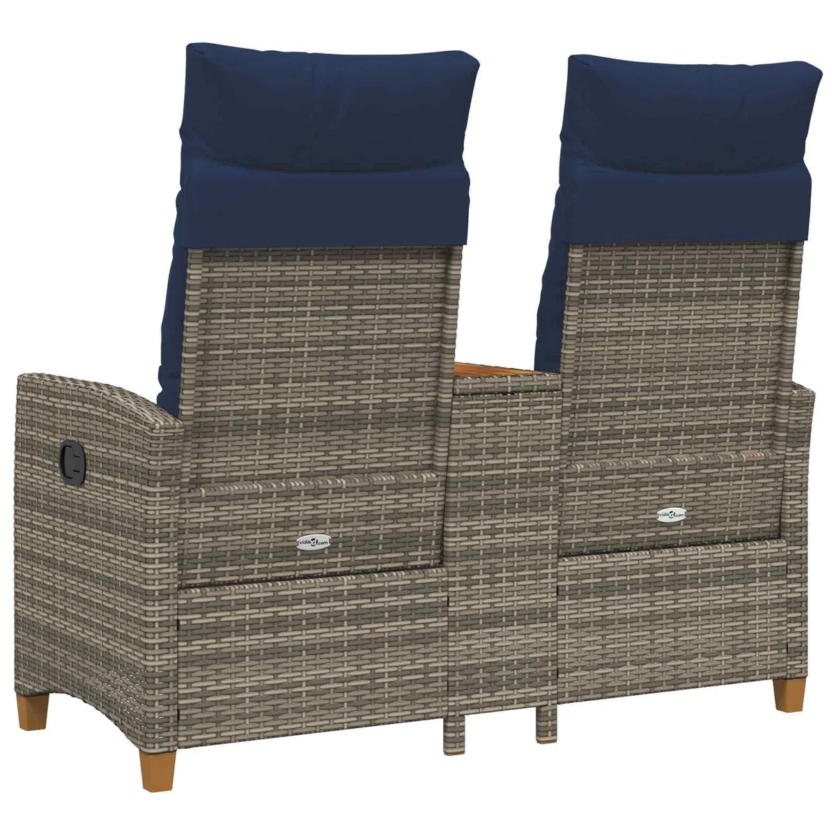 Gartenbank mit integriertem Tisch, Rattan-Liegebank mit verstellbarer Rückenlehne, Outdoor-Sitzbank aus Poly-Rattan mit Stahlrahmen, für Garten & Terrasse, Grau & Marineblau, 126 x 65 x 112 cm
