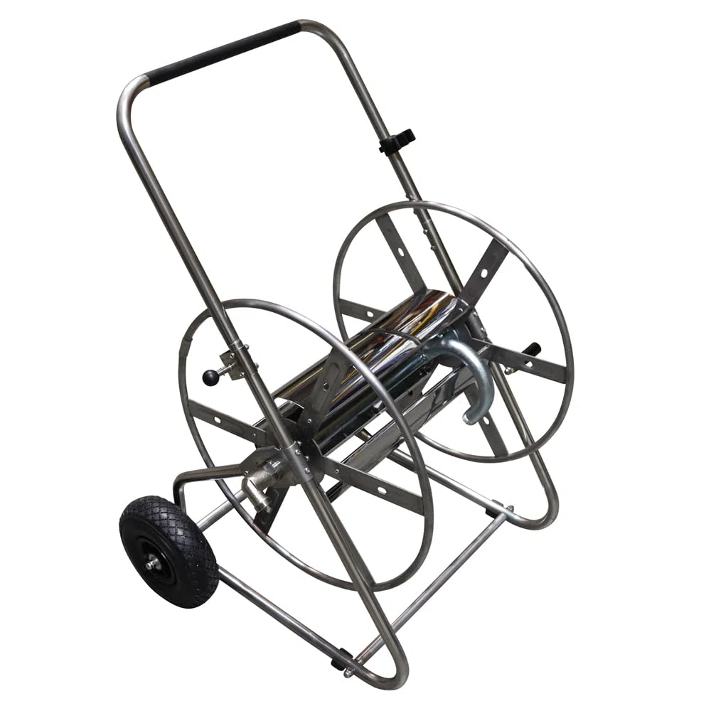 Edelstahl Schlauchwagen, 1" Anschluss, Gartenschlauchwagen, Edelstahl/verzinkter Stahl/vernickeltes Messing, 150m Schlauchkapazität, für Garten und Landwirtschaft