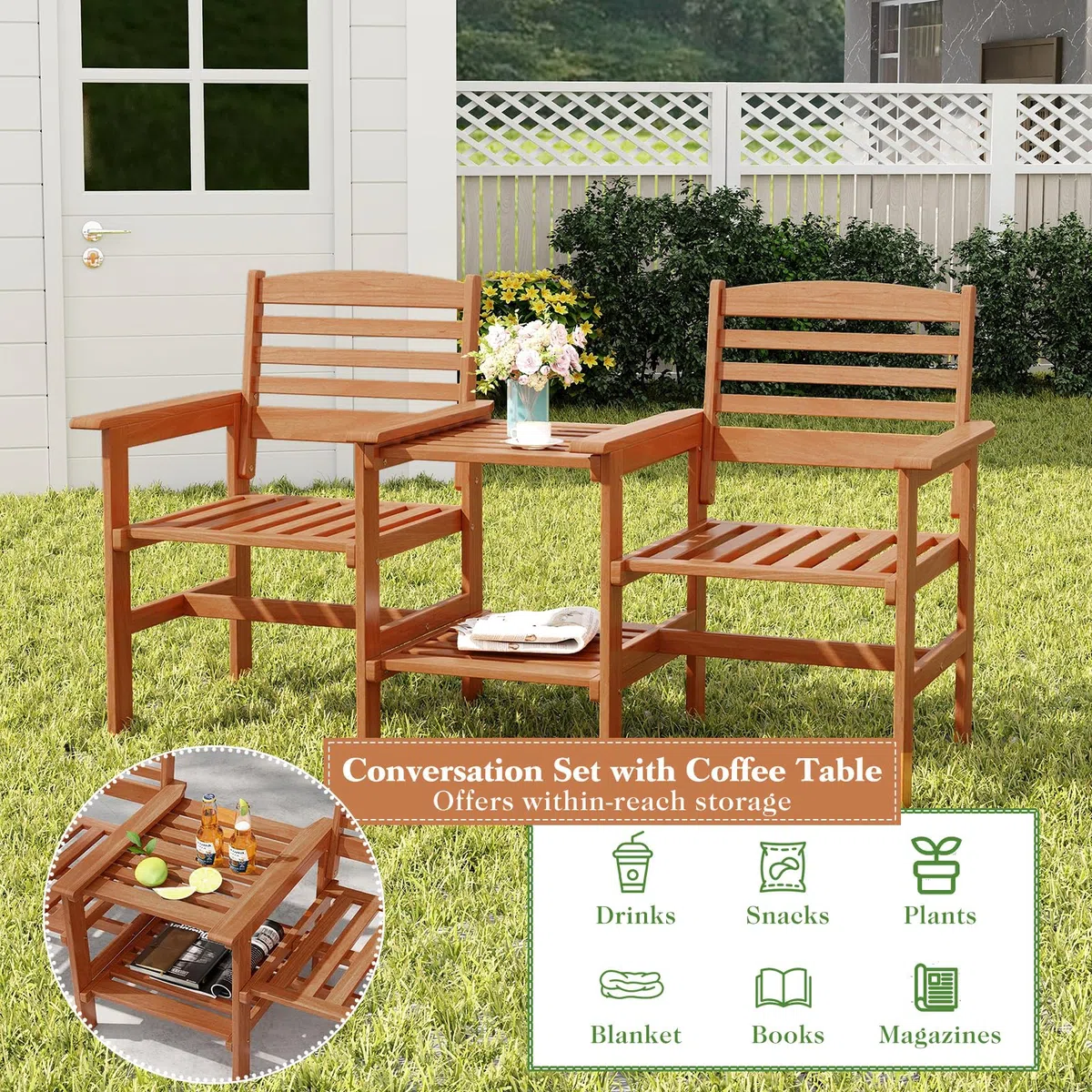 KOMFOTTEU 2-Sitzer Gartenbank Massivholz, Sitzbank mit Beistelltisch & Schirmloch, Terrassenbank Gartenmöbel Set für Balkon Garten